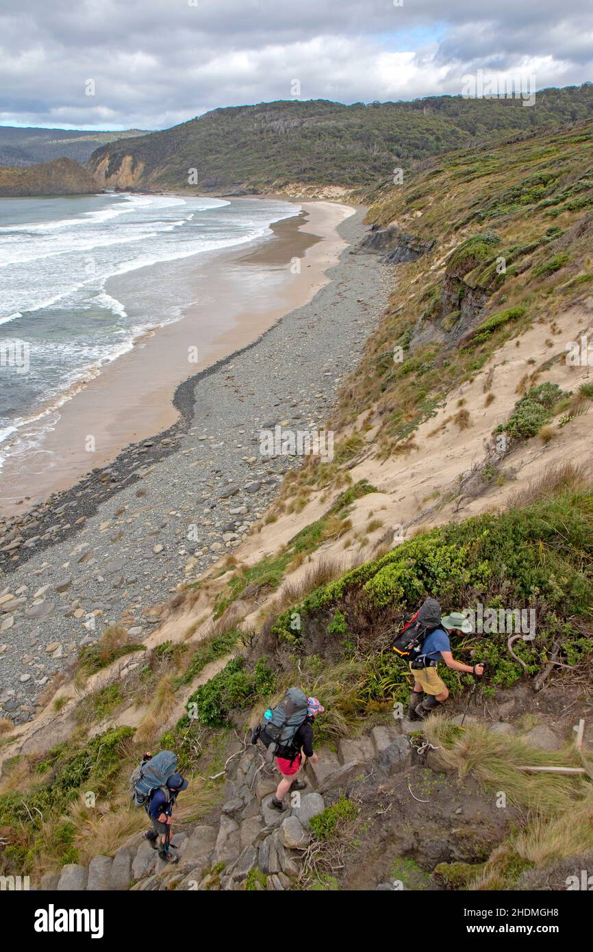 Hikers at South Cape Bay, Southwest National Park Stock Photo