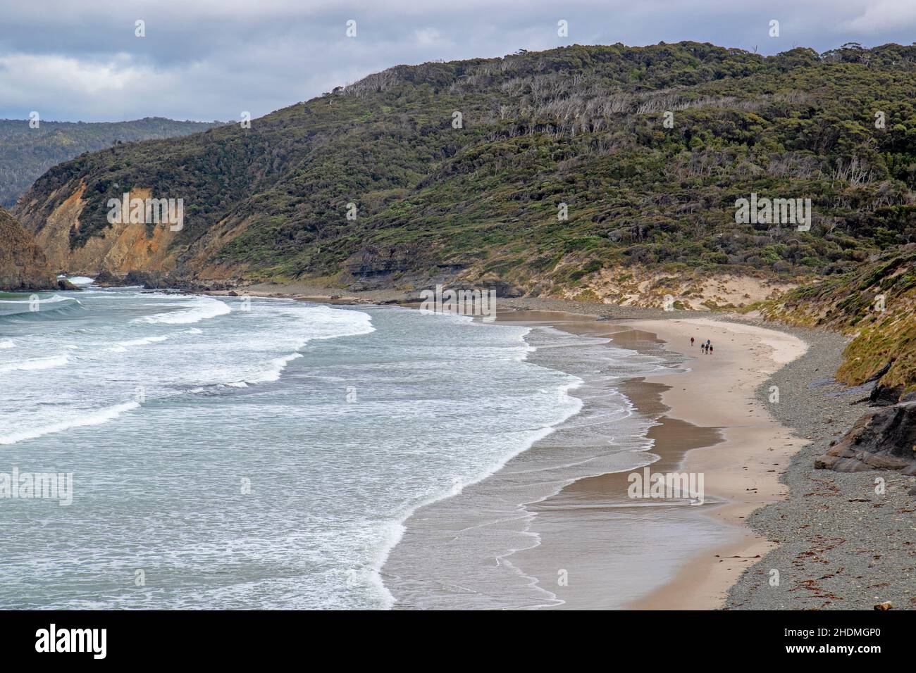 Hikers at South Cape Bay, Southwest National Park Stock Photo