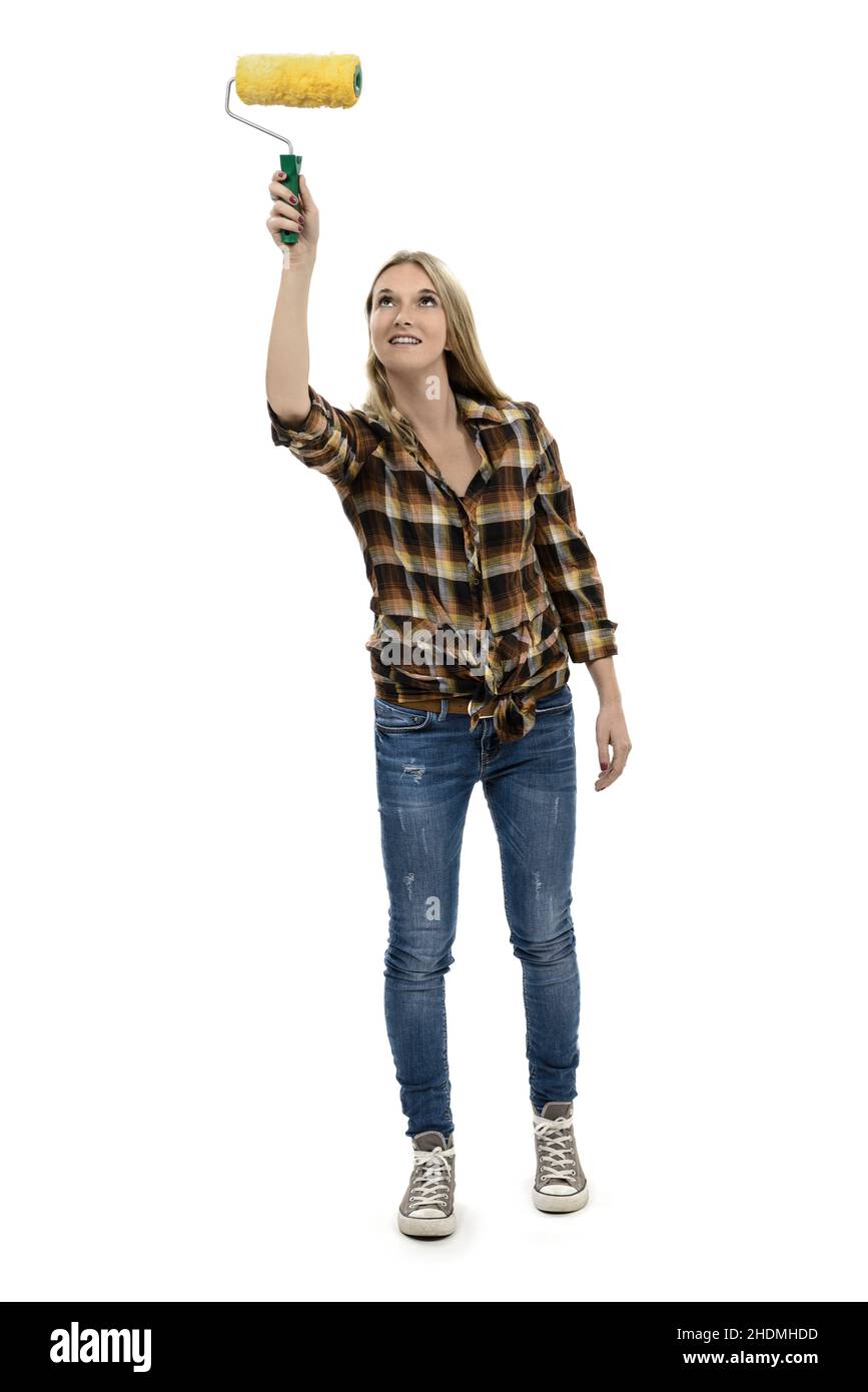 young woman, painting, paint roller, girl, girls, woman, young women