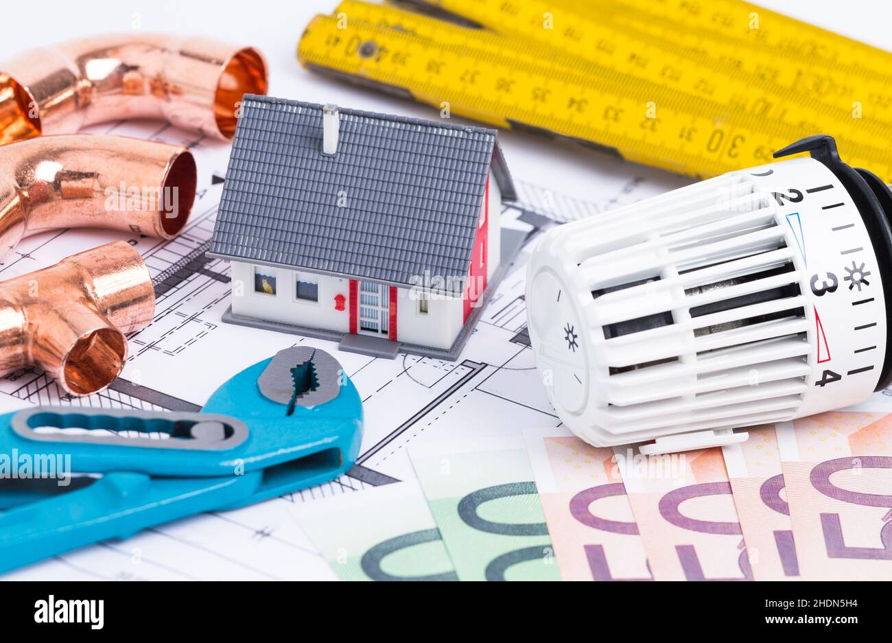 thermostat, heating costs, montage, thermostats, montages Stock Photo