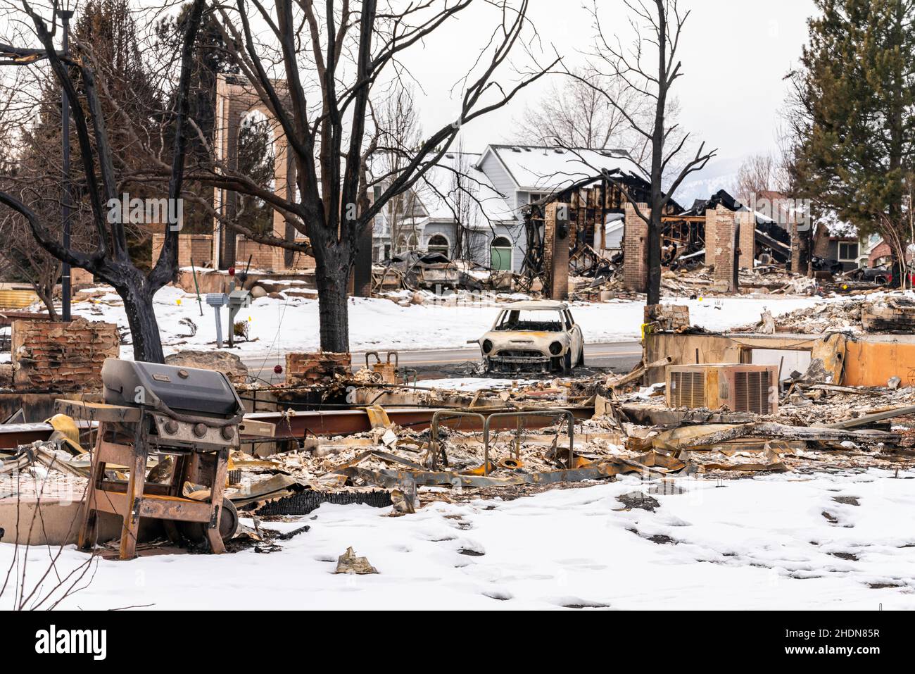 Louisville, CO USA - January 5, 2022:  The aftermath and destruction of local neighborhoods caused by the Marshall Fire. Stock Photo