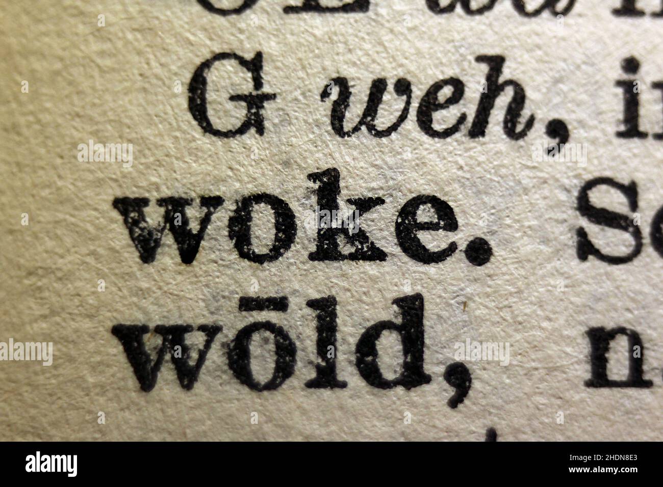 Word 'woke' printed on book page, macro close-upwok Stock Photo