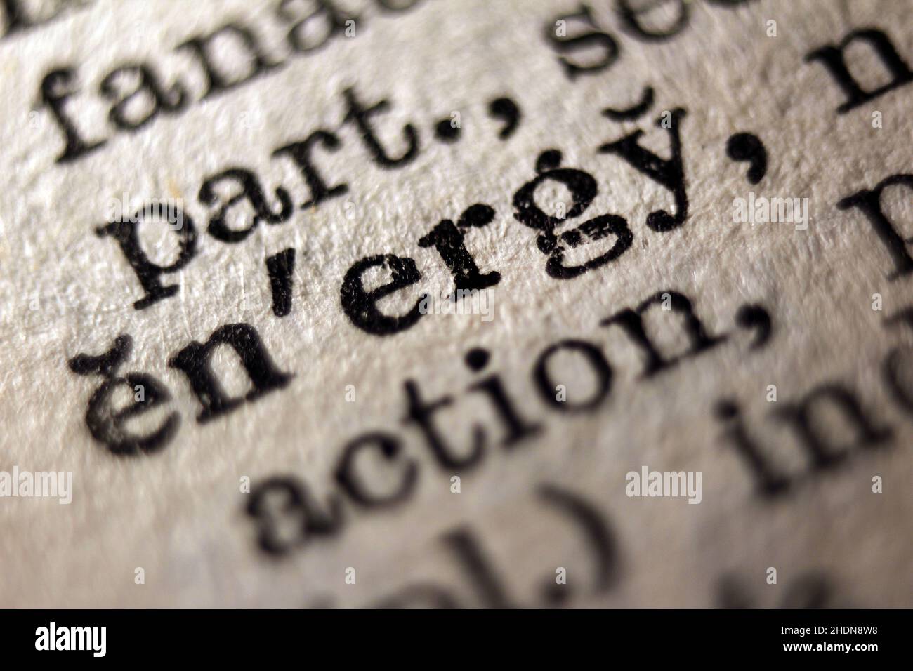Word 'energy' printed on dictionary page, macro close-up Stock Photo