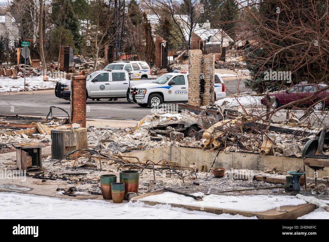 Louisville, CO USA - January 5, 2022:  The aftermath and destruction of local neighborhoods caused by the Marshall Fire. Stock Photo