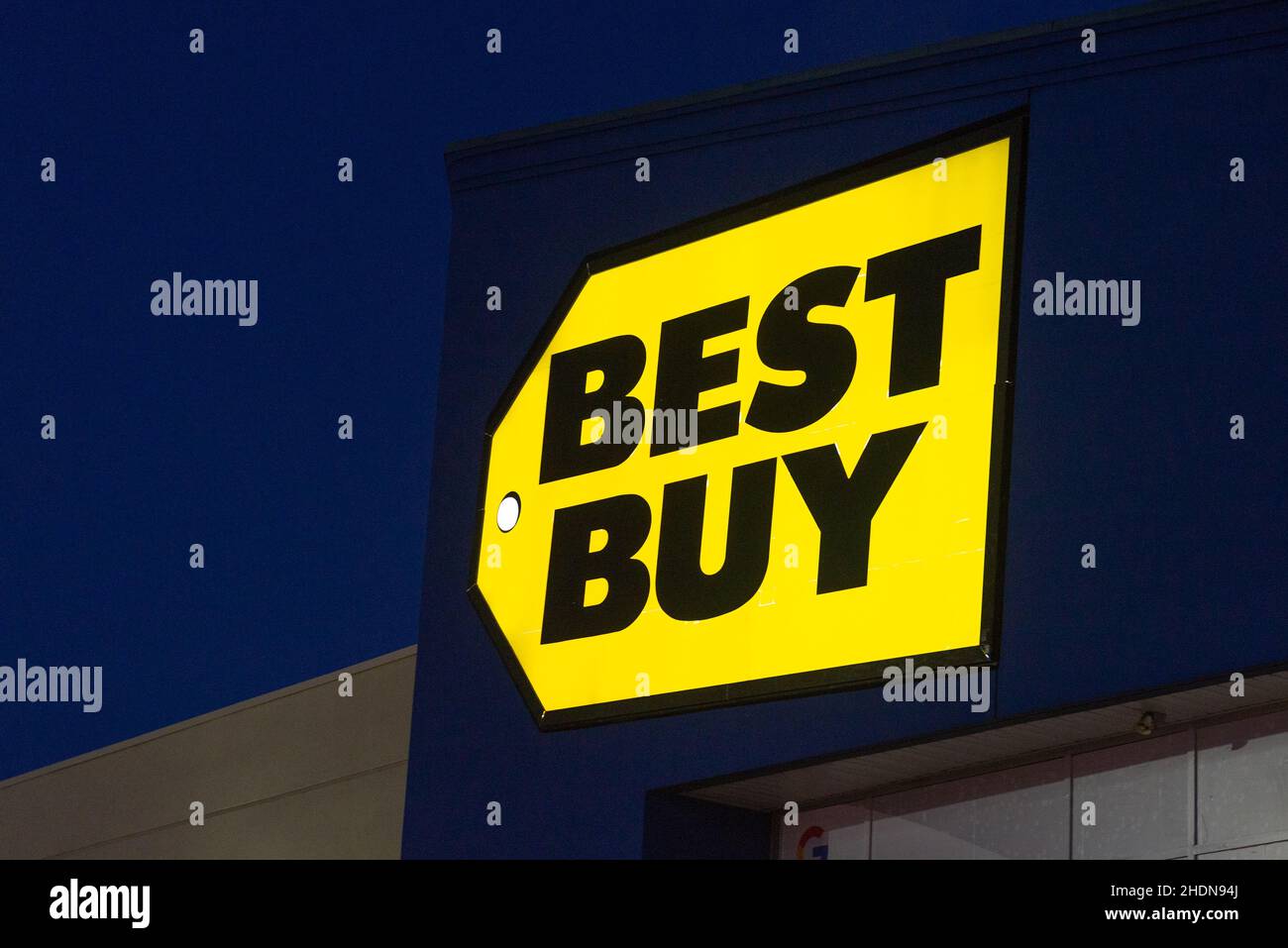Toronto, ON, Canada – January 2, 2022: View at Best Buy store sign in Toronto. Best Buy is an American multinational consumer electronics corporation Stock Photo