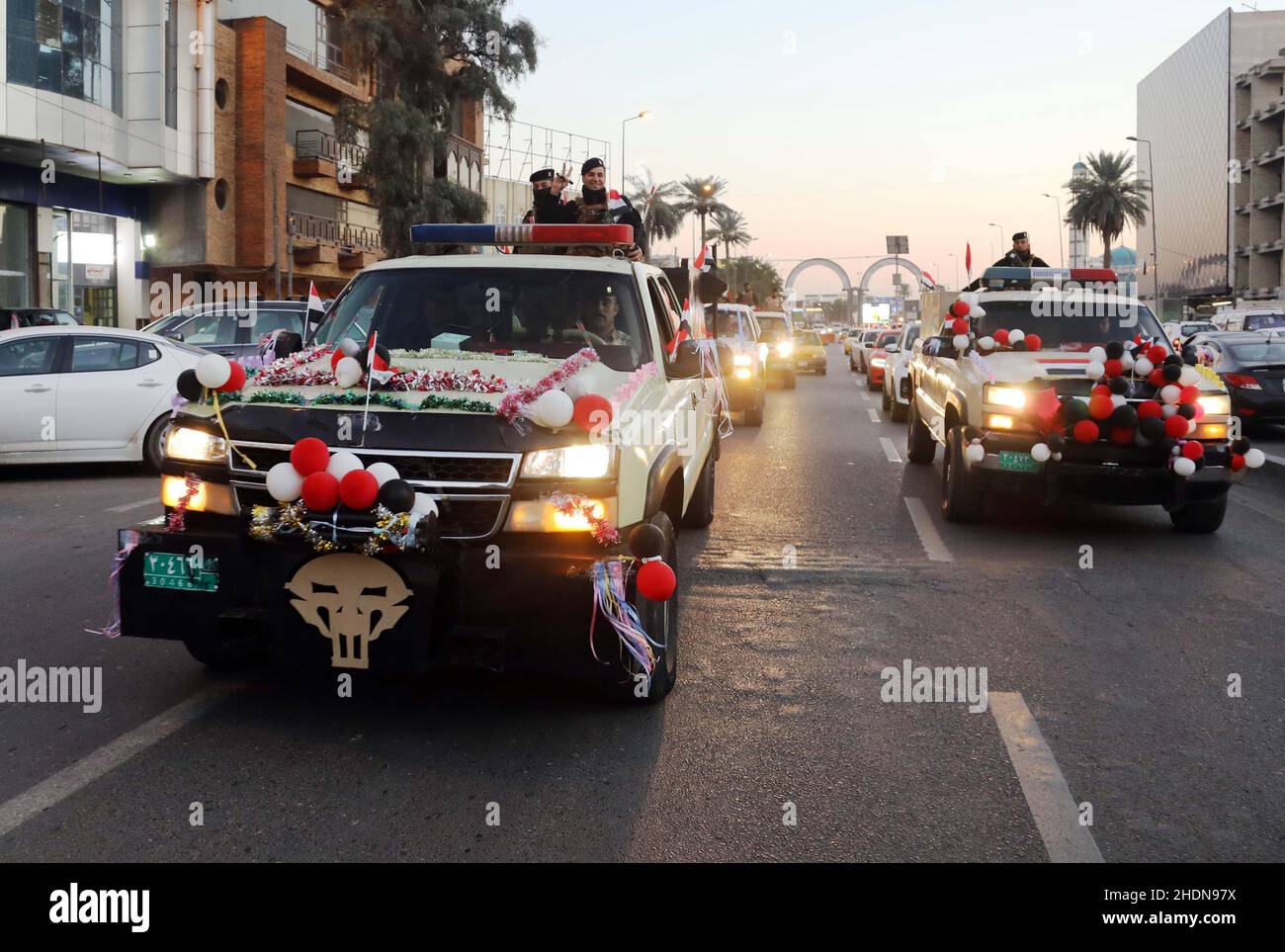 Baghdad. 6th Jan, 2022. Military vehicles are seen on a street during a celebration of the Iraqi Army Day in Baghdad, Iraq, on Jan. 6. 2022. Credit: Khalil Dawood/Xinhua/Alamy Live News Stock Photo