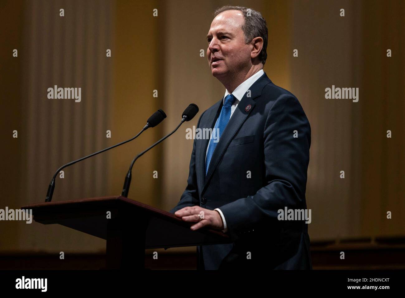 United States Representative Adam Schiff (Democrat of California), speaks as members of Congress share recollections of the January 6 2021, assault on the U.S. Capitol on the one year anniversary of the attack Thursday, Jan. 6, 2022. Credit: Graeme Jennings/Pool via CNP Stock Photo