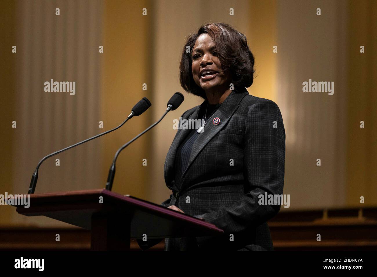 United States Representative Val Demings (Democrat of Florida), speaks as members of Congress share recollections of the January 6 2021, assault on the U.S. Capitol on the one year anniversary of the attack Thursday, Jan. 6, 2022. Credit: Graeme Jennings/Pool via CNP Stock Photo