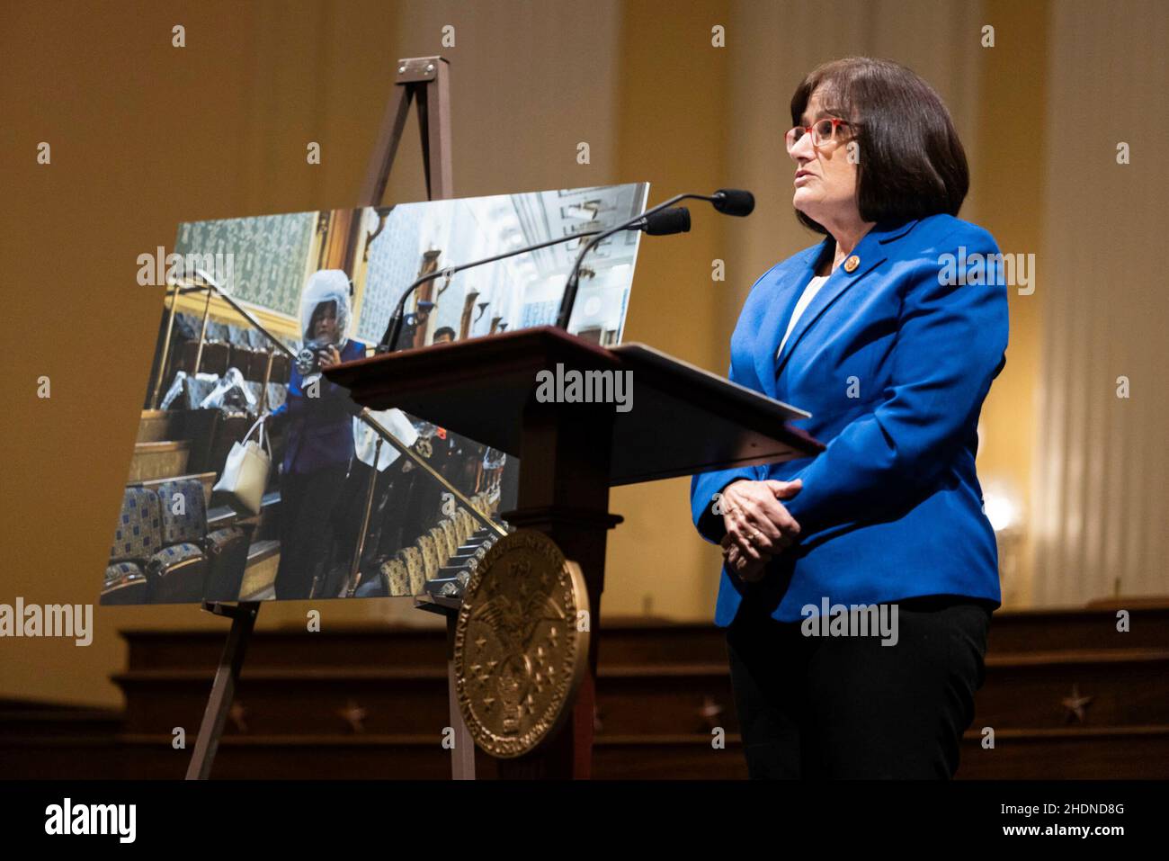 United States Representative Ann Kuster (Democrat of New Hampshire) speaks as members of Congress share recollections of the January 6 2021, assault on the U.S. Capitol on the one year anniversary of the attack Thursday, Jan. 6, 2022. Credit: Graeme Jennings/Pool via CNP Stock Photo