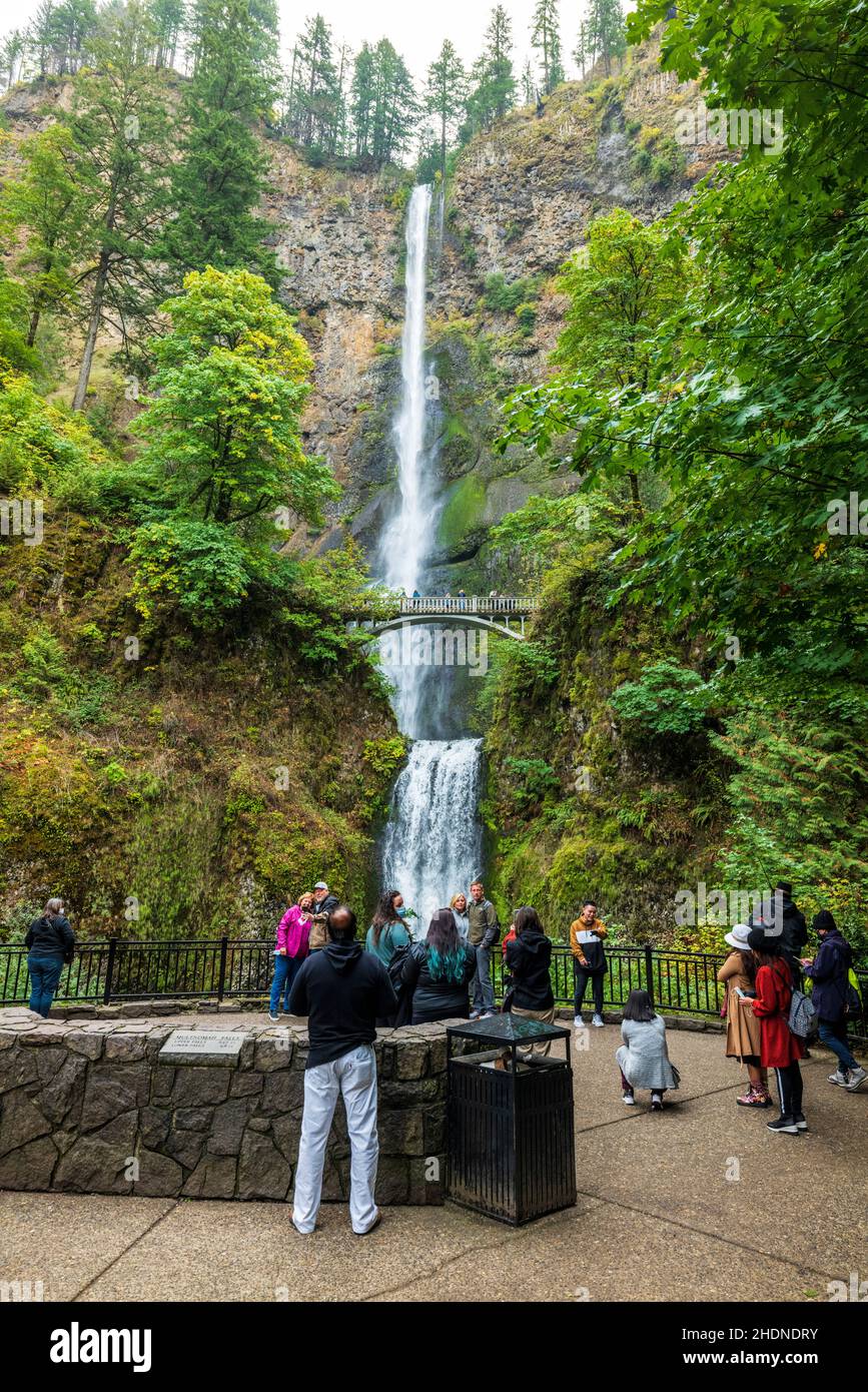 Tourists visit Multnomah Falls; Columbia River Gorge; Oregon; USA Stock Photo
