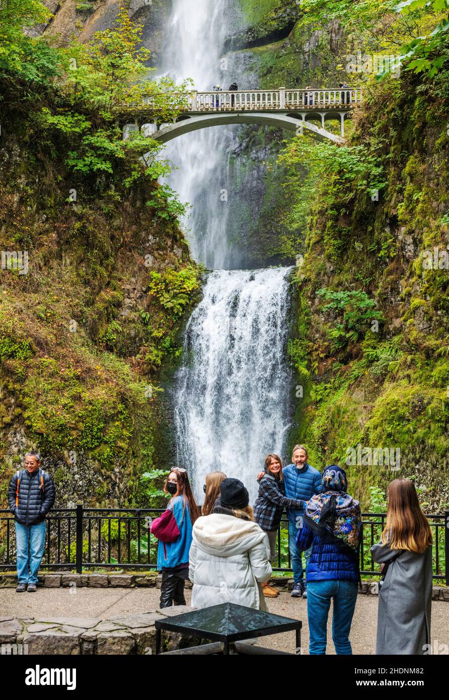 Tourists visit Multnomah Falls; Columbia River Gorge; Oregon; USA Stock Photo