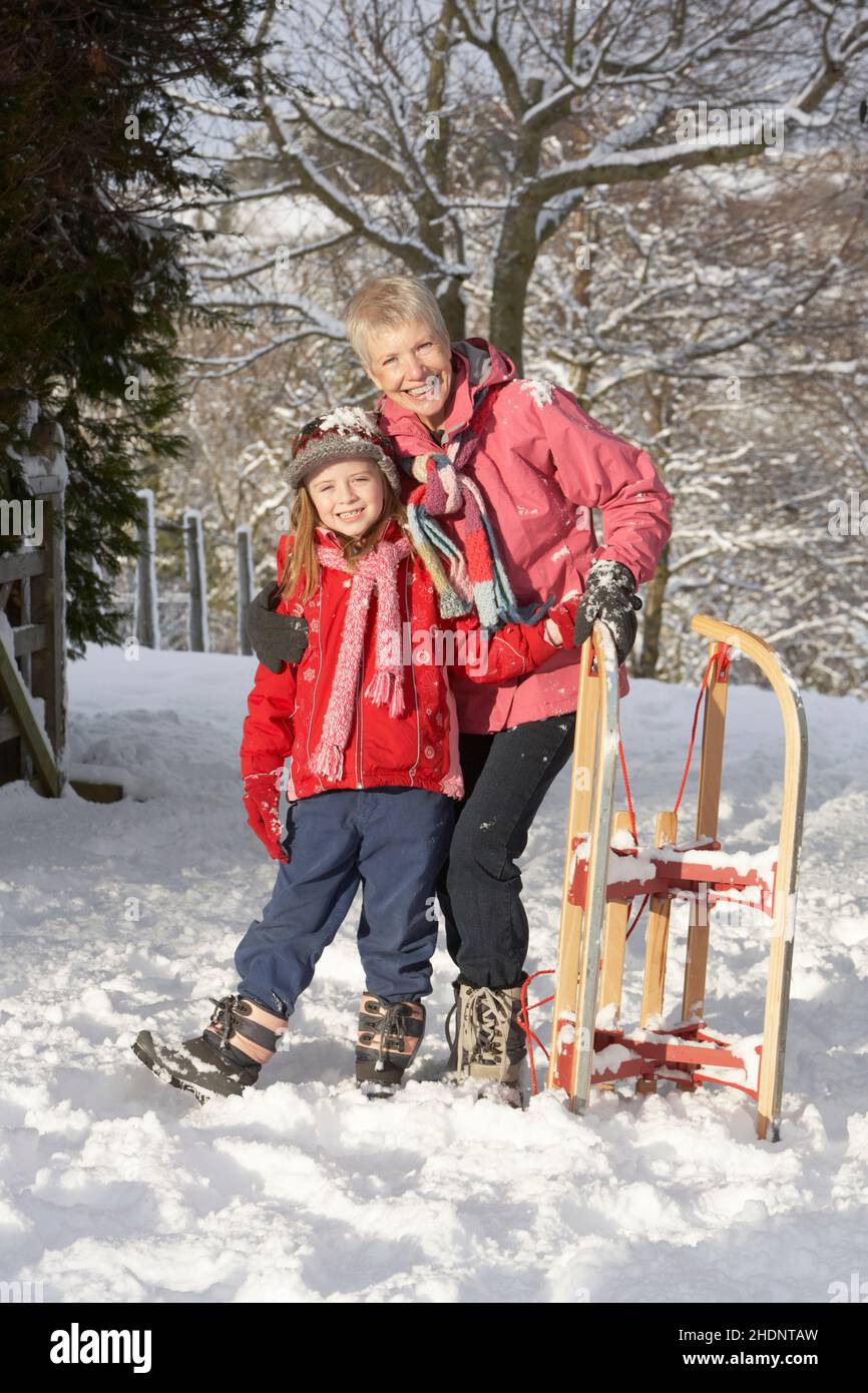 grandmother, sledding, winterly, grandchild, grandma, grandmothers, winterlies, grandchilds Stock Photo