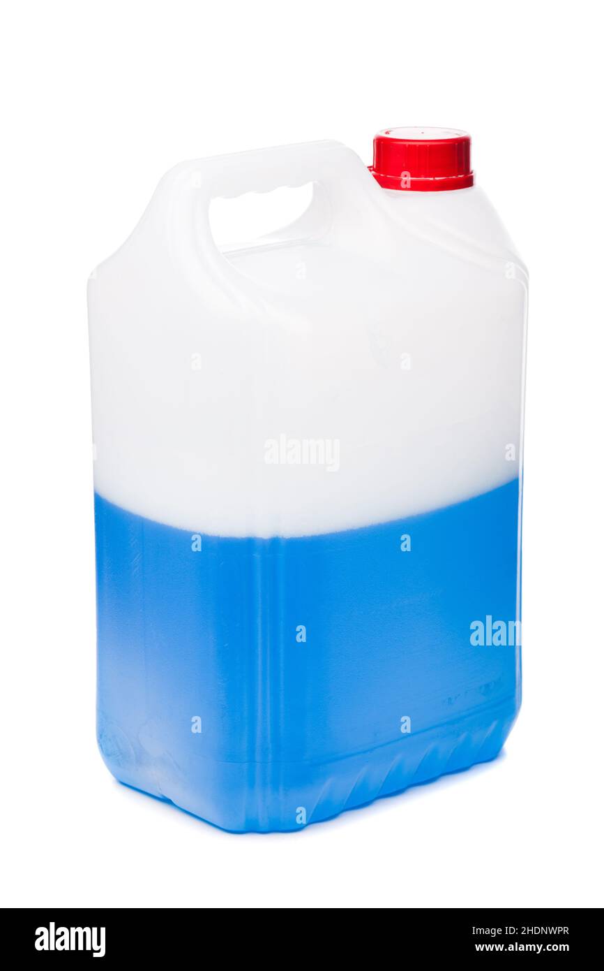 Antifreeze coolant in plastic 5 liter canister. Blue liquid for car engine. Half full or half empty container isolated on white background. Stock Photo