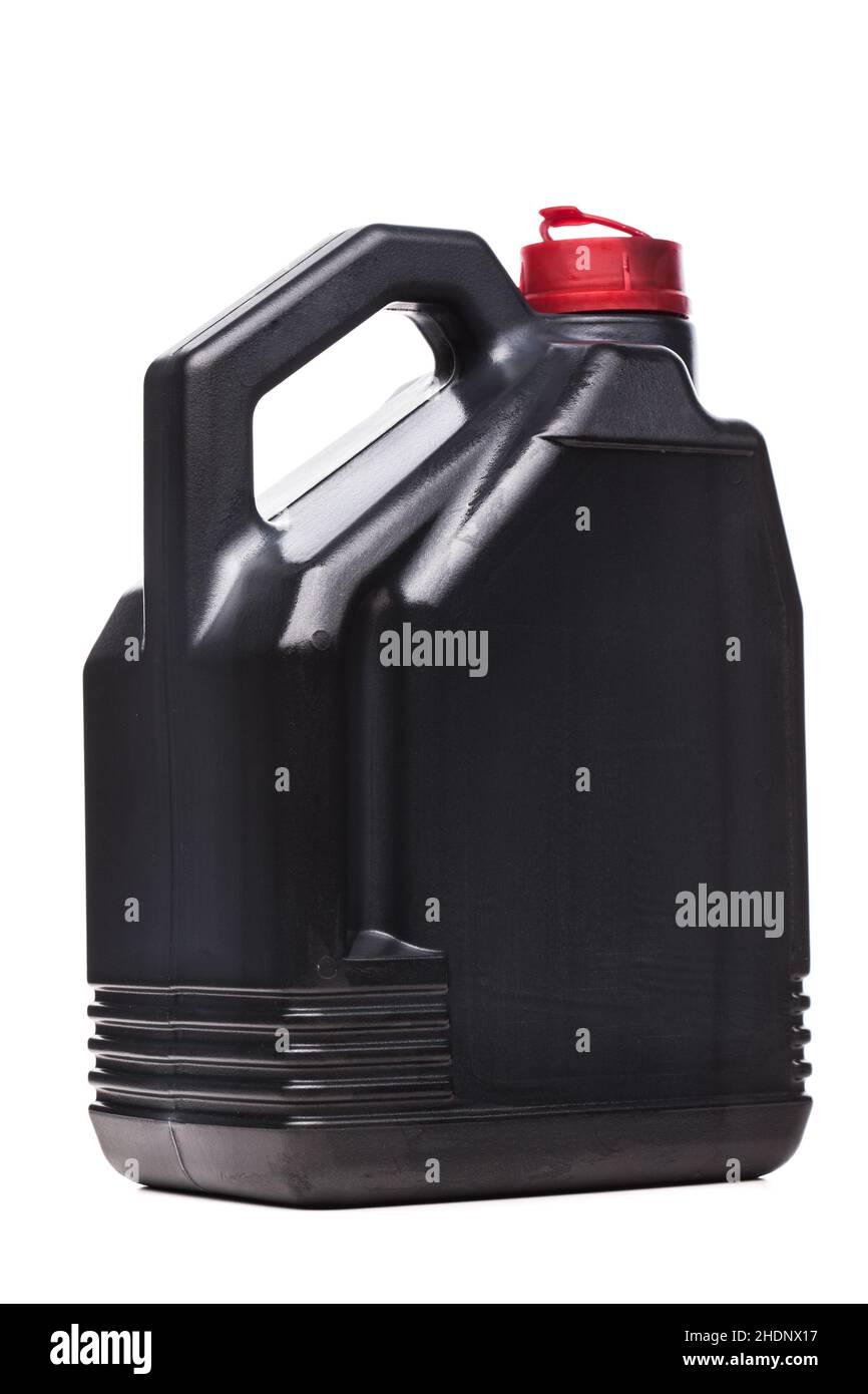 Plastic black canister for car engine motor oil with red cap. Isolated on white background Stock