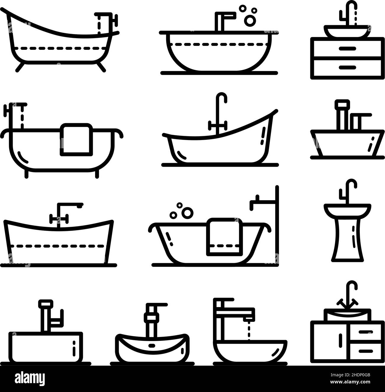 Bathtub outline big icons set. Contour symbol. Vector line isolated ...