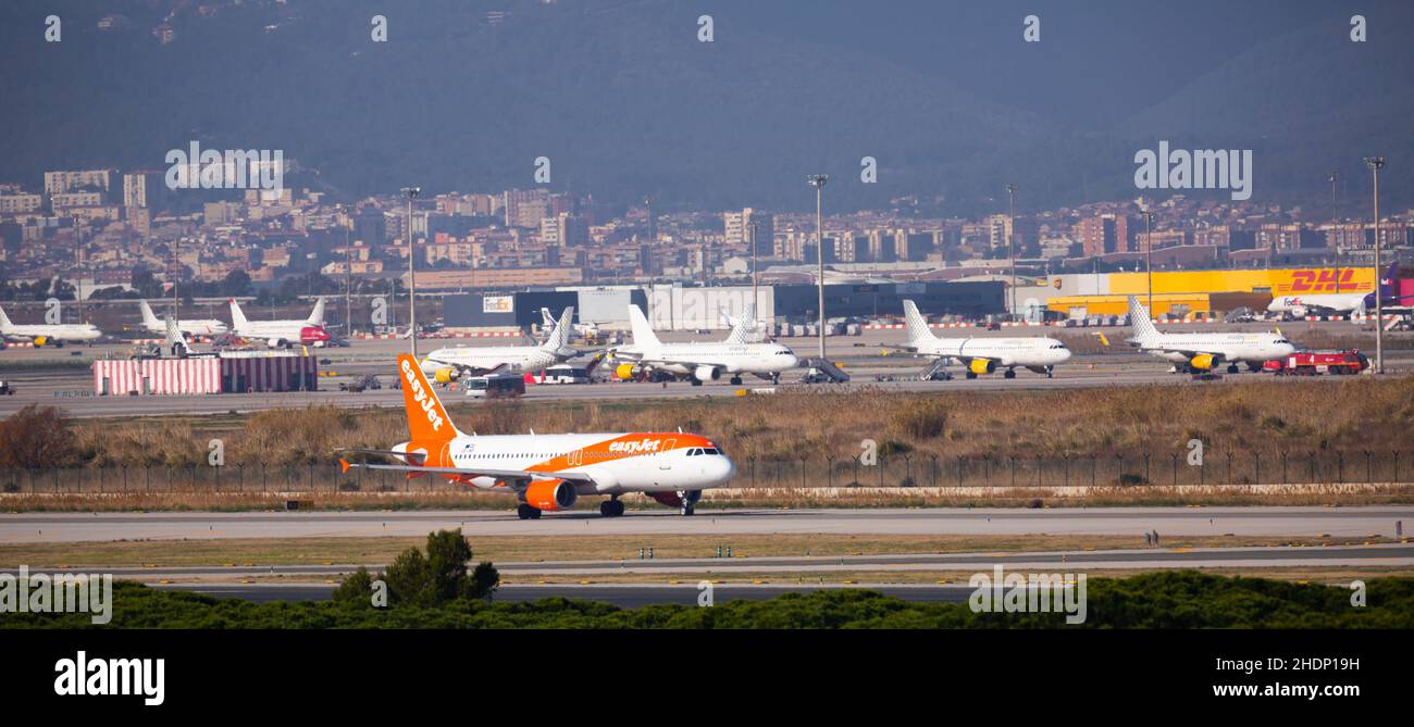 EasyJet Airbus getting ready to take off in BarcelonaEl Prat Airport