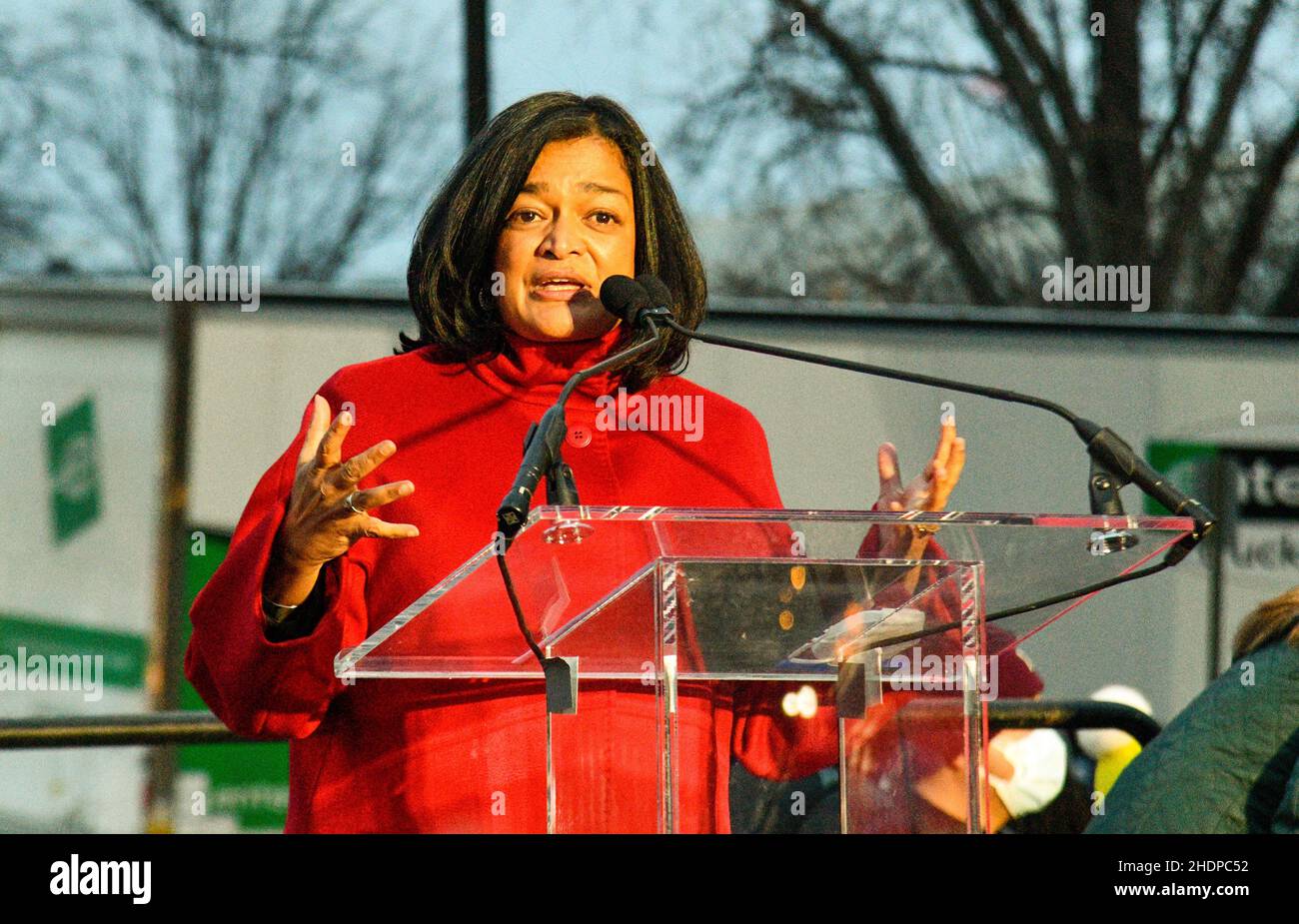 Washington, USA. 06th Jan, 2022. U.S. Representative Pramila Jayapal speaks at a vigil to honor those lost on January 6, 2021 during the storming of the U.S. Capitol and protest for greater voter protections on the National Mall in Washington, DC on January 6, 2022. (Photo by Matthew Rodier/Sipa USA) Credit: Sipa USA/Alamy Live News Stock Photo