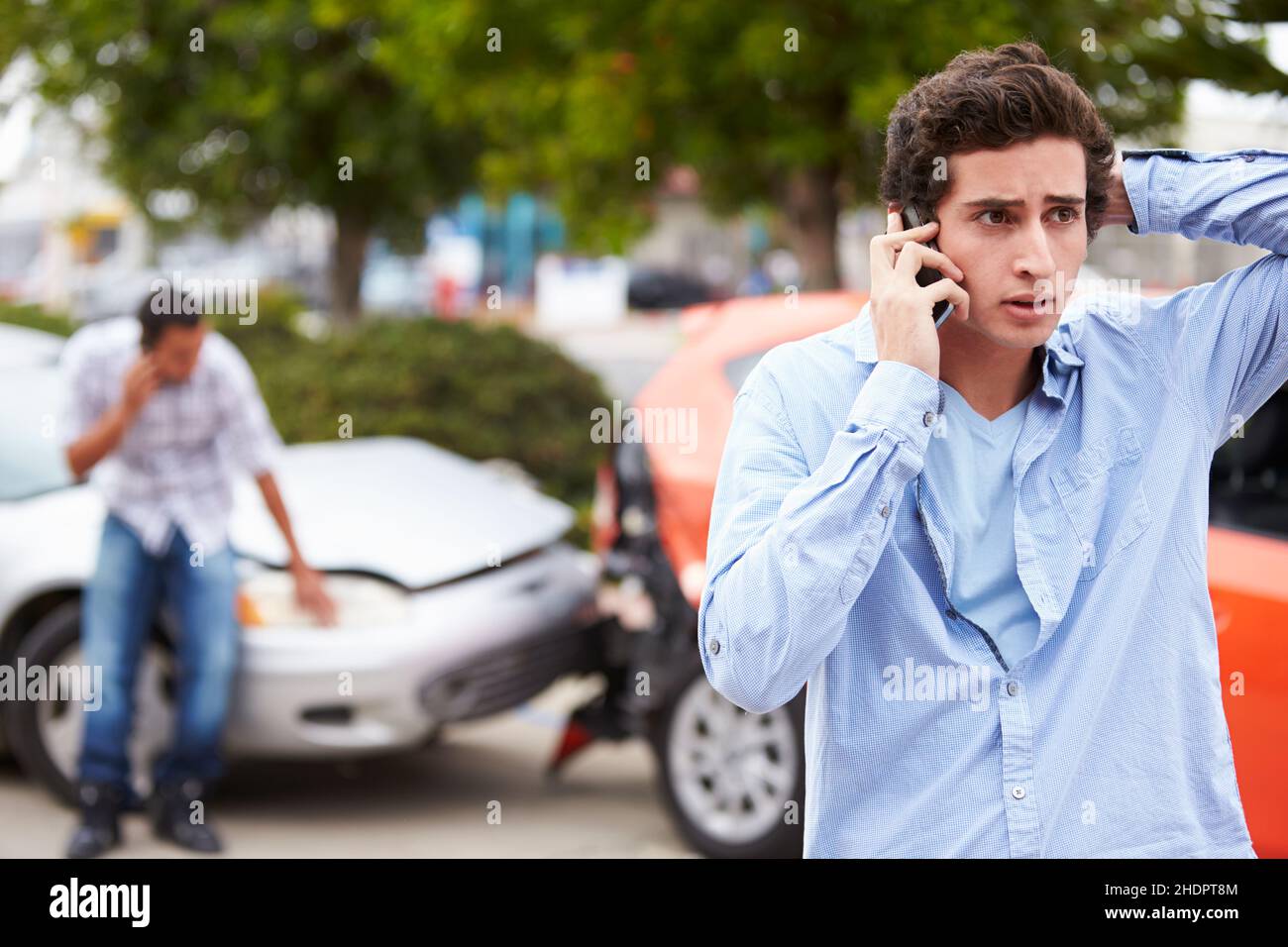 young man, on the phone, accident, rear end collision, guy, man, men
