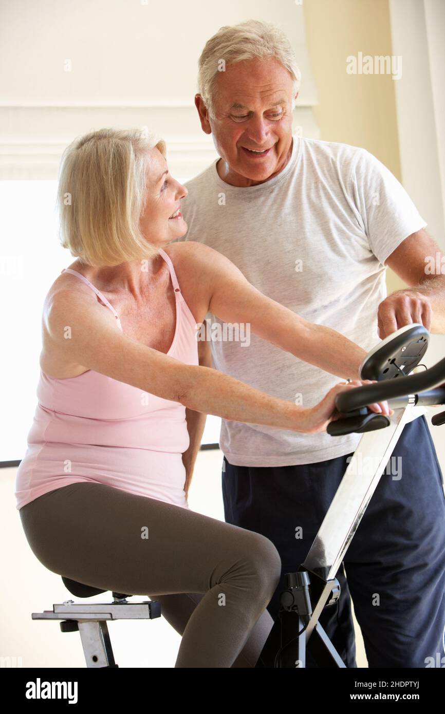exercise bike, active senior, senior sport, exercise bikes, active seniors, elderly, fit, old Stock Photo