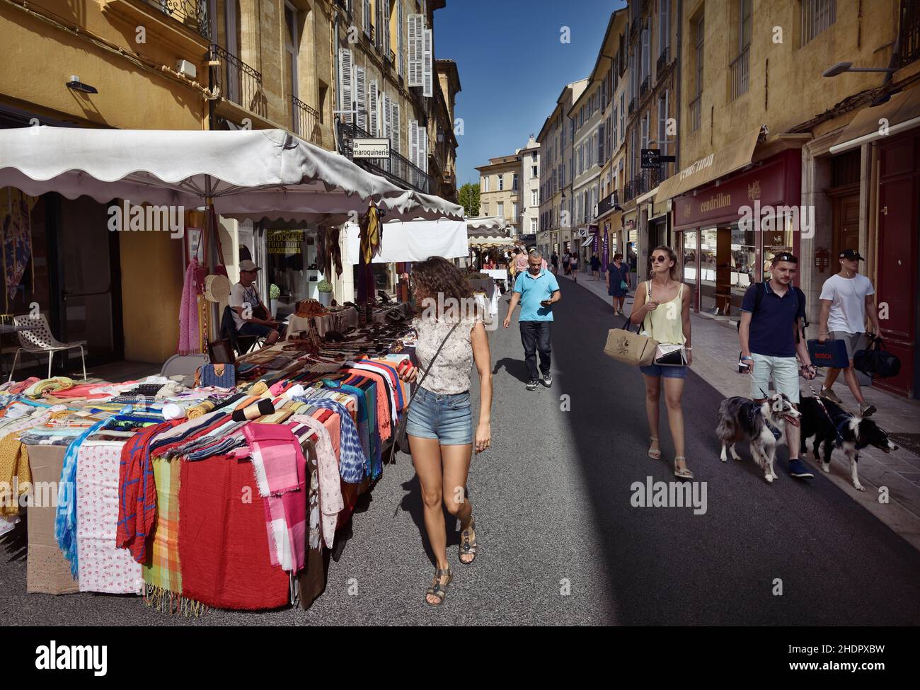 Street market at Aix-en-Provence city, commune at Provence-Alpes-Côte d'Azur, Provence, South of France. Aix, Ais de Provença. Stock Photo
