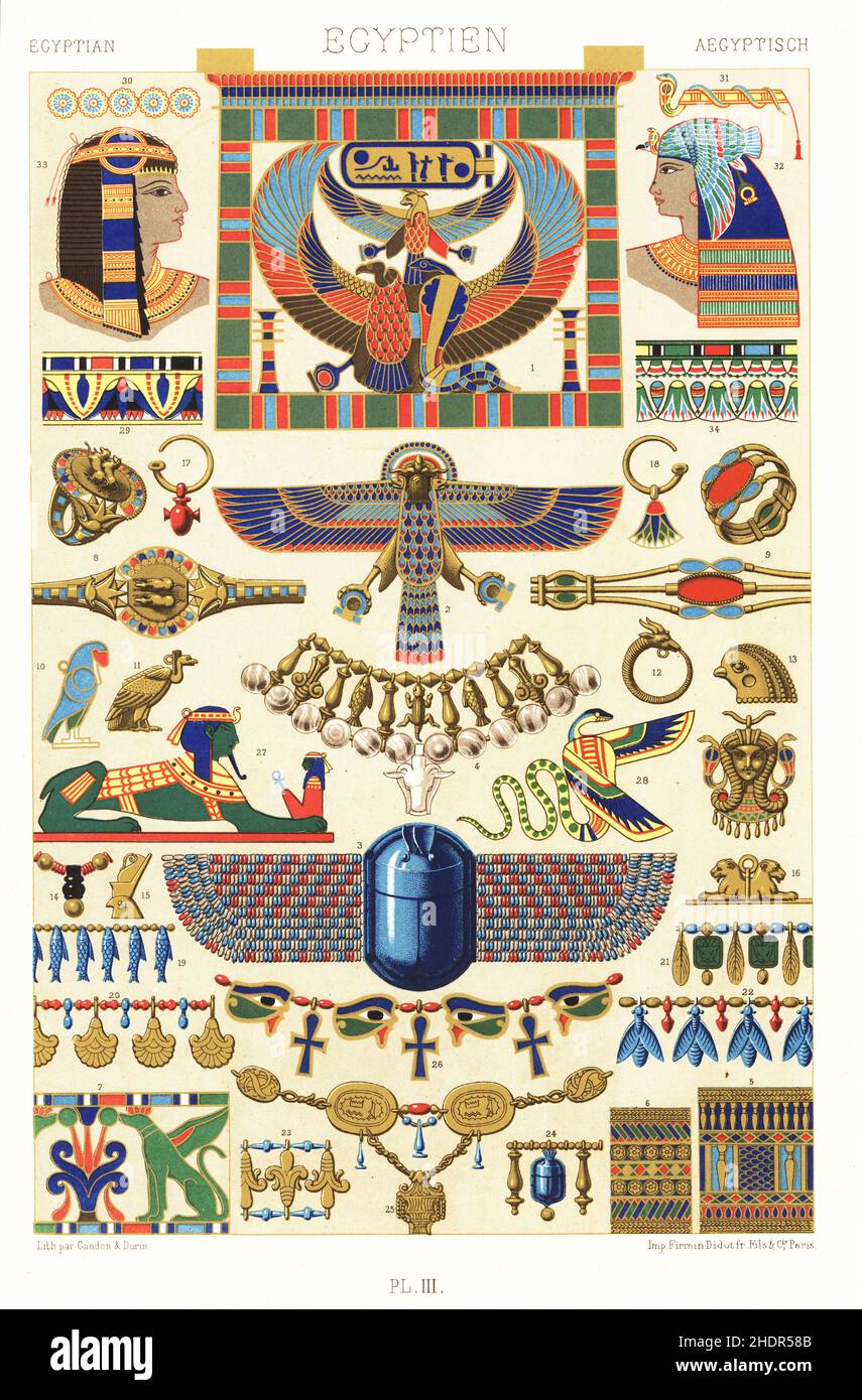 Ancient Egyptian jewelry. Breastplate 1 and eagle 2 from the Serapeum (era of Rameses II), lapis-lazuli scarab with glass-bead wings 3, necklace from the head of Apis 4, enamel bracelets 5-7, rings 8,9, earrings, amulets and necklaces 10-26, Sphinx 27 and jewelry from paintings at Thebes 28-33. Hand-finished chromolithograph by Gandon & F. Durin from Albert-Charles-Auguste Racinet’s L’Ornement Polychrome, (Polychromatic Ornament), Firmin-Didot, Paris, 1869-73. Stock Photo
