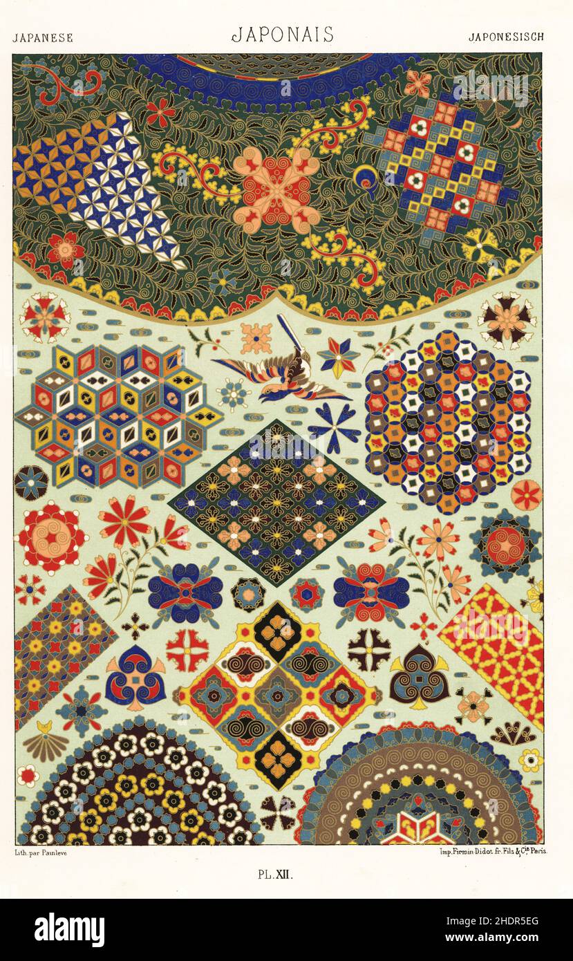 Japanese art: cloisonne enamel. Hand-finished chromolithograph by Painleve from Albert-Charles-Auguste Racinet’s L’Ornement Polychrome, (Polychromatic Ornament), Firmin-Didot, Paris, 1869-73. Stock Photo