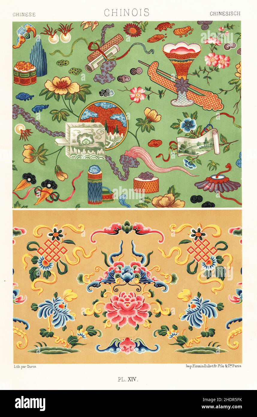 Chinese art: free decoration. Scrolls, flowers, vases on a green ground (top) and flowers and motifs embroidered on yellow silk (below). Chinois. Hand-finished chromolithograph by F. Durin from Albert-Charles-Auguste Racinet’s L’Ornement Polychrome, (Polychromatic Ornament), Firmin-Didot, Paris, 1869-73. Stock Photo