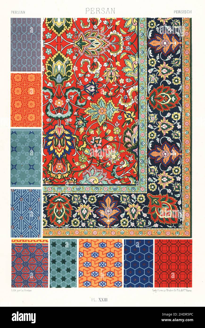Persian art: tapestry and flowing ornaments. Oriental palms and floral design from an emboidered carpet, and nine examples of running patterns from manuscripts of the Shahnameh in the Bibliotheque Nationale, Paris. Persan. Hand-finished chromolithograph by Le Breton from Albert-Charles-Auguste Racinet’s L’Ornement Polychrome, (Polychromatic Ornament), Firmin-Didot, Paris, 1869-73. Stock Photo