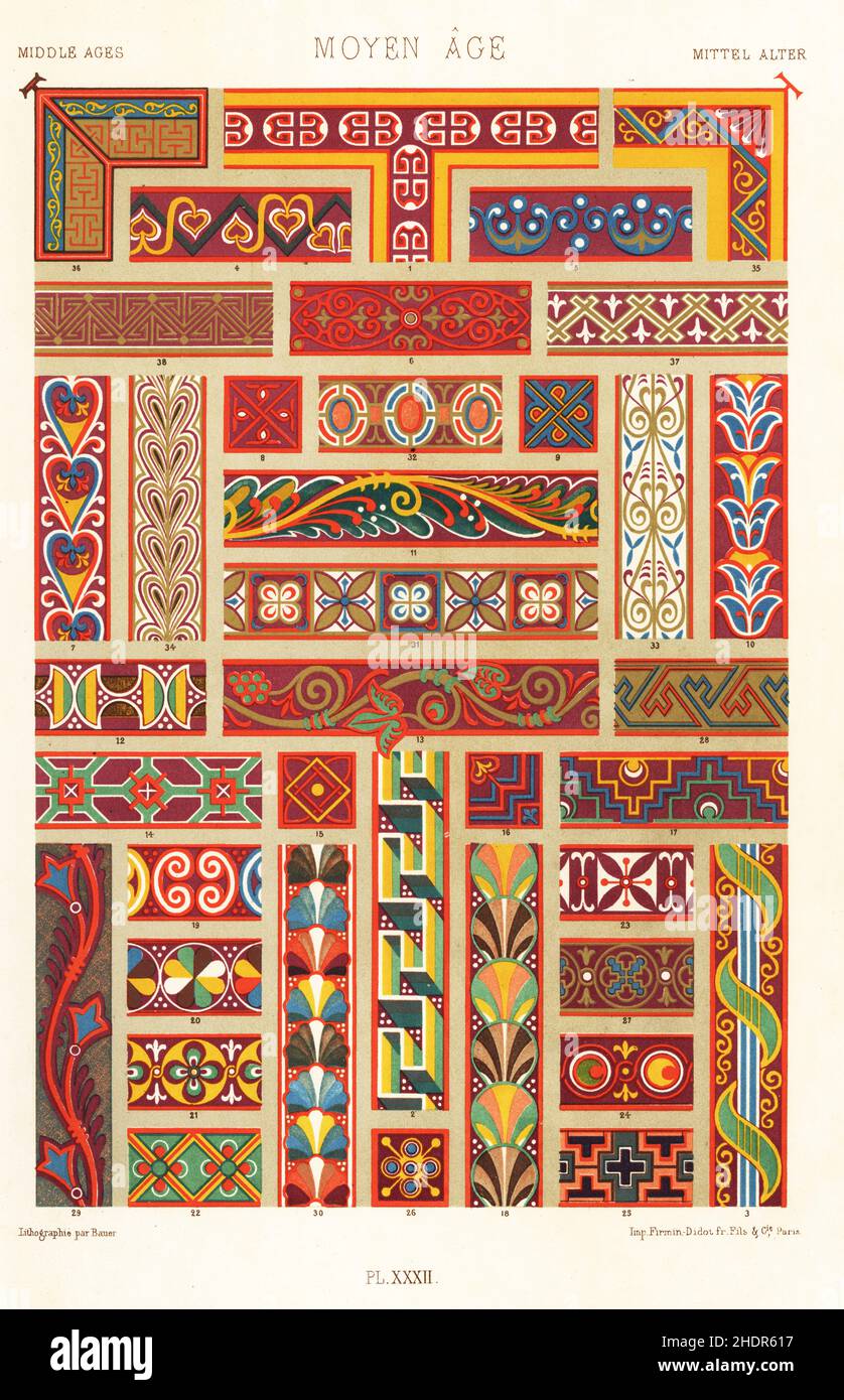 Art of the Middle Ages: Manuscript decorations, 8th century. Borders taken from the Latin illuminated manuscripts Gospels of Saint-Sernin in the Louvre, and Gospels of Saint-Medard, Bibliotheque Nationale. Moyen Age. Transition from Greco-Roman to Byzantine style. Hand-finished chromolithograph by Bauer from Albert-Charles-Auguste Racinet’s L’Ornement Polychrome, (Polychromatic Ornament), Firmin-Didot, Paris, 1869-73. Stock Photo