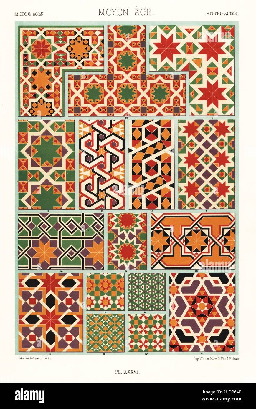 Middle Ages, mosaic decorations, 12th century. Mosaic work patterns from Palatine Chapel, Palermo 1-12, Ziza Palace 13-15, and Salerno Cathedral 16. Moyen Age. Hand-finished chromolithograph by G. Sanier from Albert-Charles-Auguste Racinet’s L’Ornement Polychrome, (Polychromatic Ornament), Firmin-Didot, Paris, 1869-73. Stock Photo