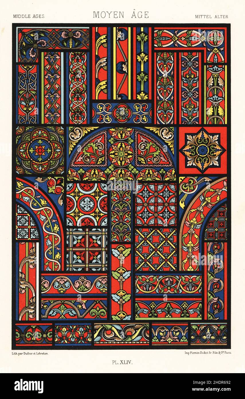 Middle Ages; stained glass, 12th to 14th centuries. Examples from cathedrals in Chartres, Bourges, Cologne, Soissons, Le Mans, Lyons, Angers, Strasbourg, Rouen, and Sens. Moyen Age. Hand-finished chromolithograph by Dufour & Lebreton from Albert-Charles-Auguste Racinet’s L’Ornement Polychrome, (Polychromatic Ornament), Firmin-Didot, Paris, 1869-73. Stock Photo