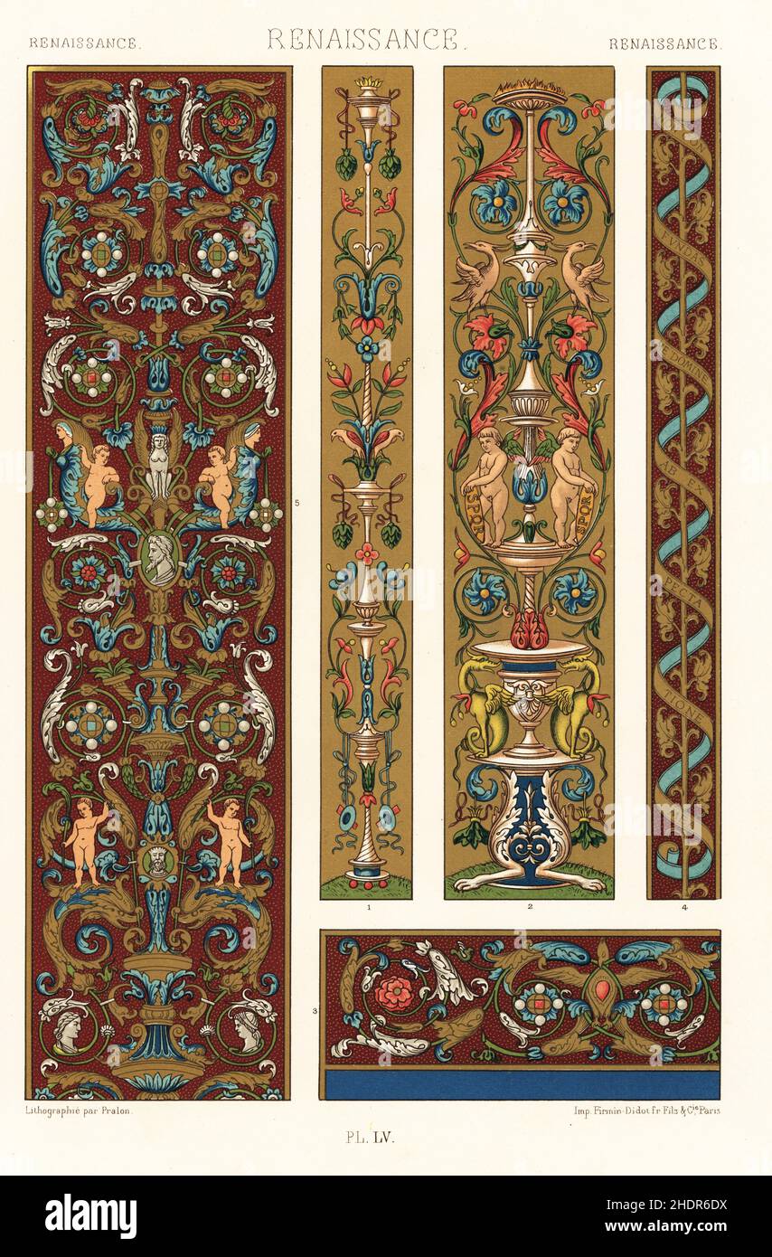 Renaissance art: miniatures from manuscripts, 16th century. Frontispiece by Italian artist Giulio Clovio from Historia Romana, Library of the Arsenal, 1-2, and fragments of a manuscript of Flavius Josephus in the Mazarin Library 3-5. Hand-finished chromolithograph by Pralon from Albert-Charles-Auguste Racinet’s L’Ornement Polychrome, (Polychromatic Ornament), Firmin-Didot, Paris, 1869-73. Stock Photo