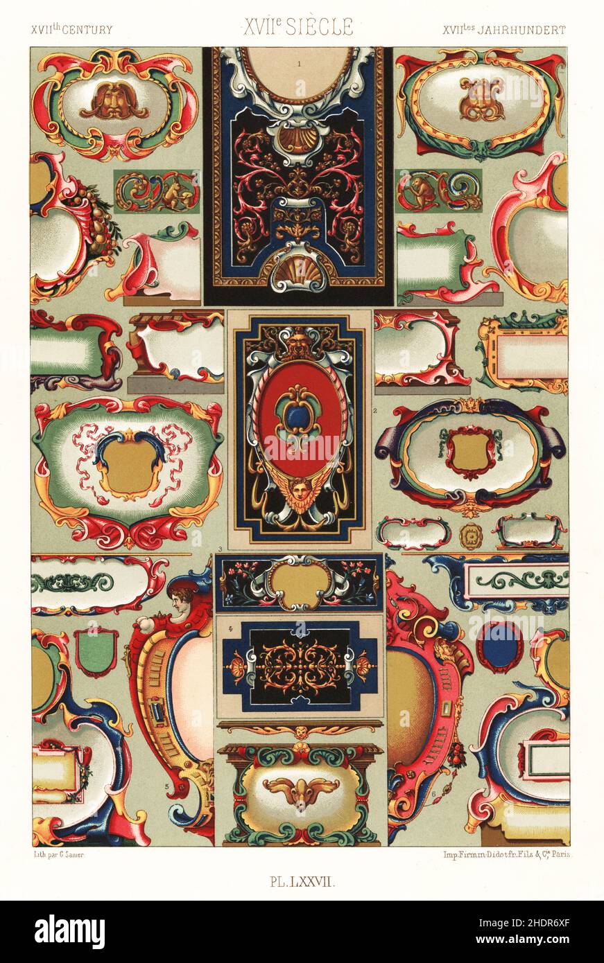 Cartouches, 17th century. Cartouches from panels at the Chapelle d'HInisdal 1-4, cartouches from Bernardus Castellus 5,6, and others from Flemish maps. Masks from Flanders. XVIIme Siecle. Hand-finished chromolithograph by G. Sanier from Albert-Charles-Auguste Racinet’s L’Ornement Polychrome, (Polychromatic Ornament), Firmin-Didot, Paris, 1869-73. Stock Photo