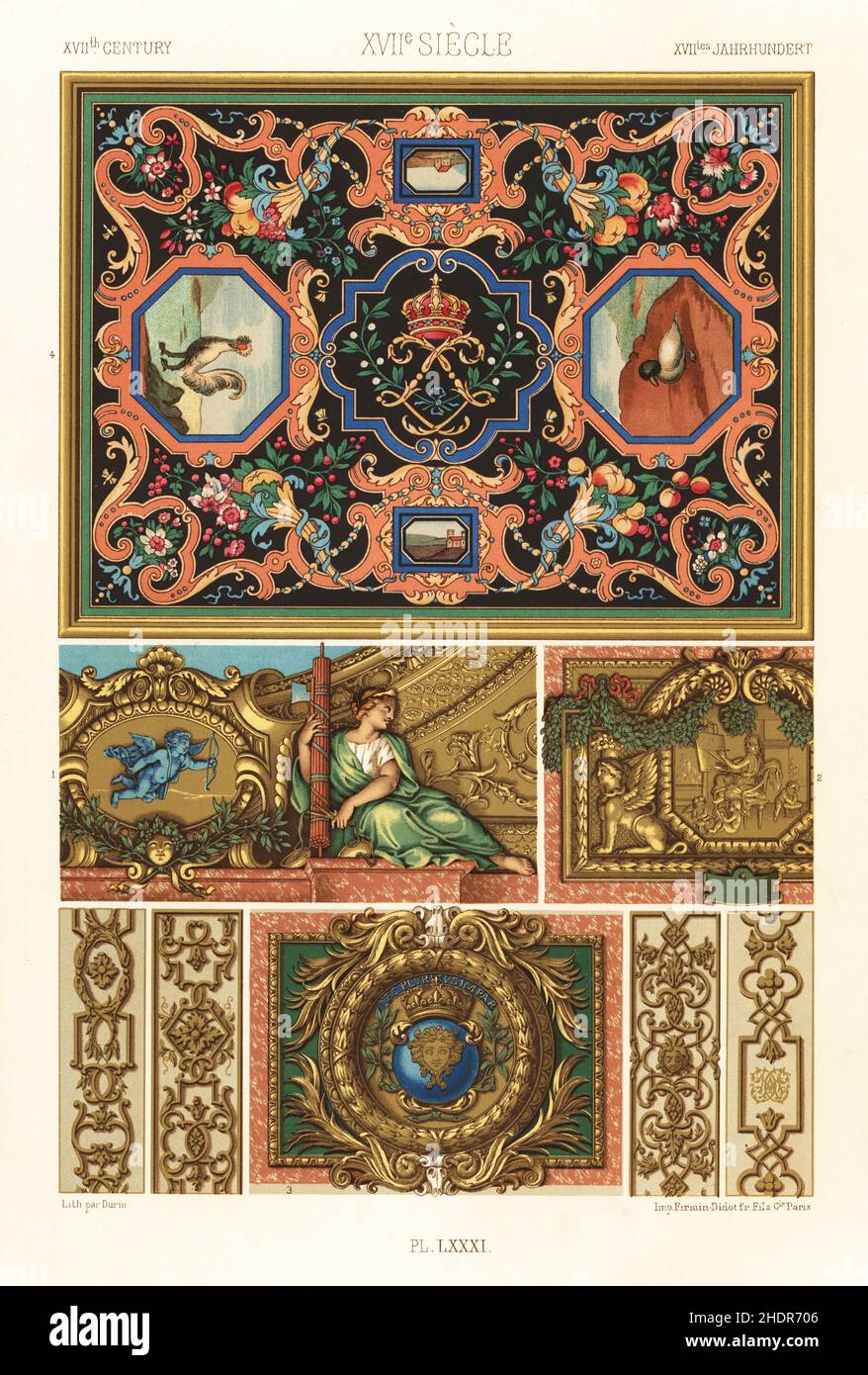 Mosaics and paintings, 17th century. Fragment of a ceiling at Versailles painted by Pierre Mignard 1, fragment of a grand staircase at Versailles by Charles le Brun 2, fragment of a grand gallery at Versailles by Charles le Brun 3, design for a marble mosaic table-top by Robert de Cotte 4, and painted borders by Daniel Marot for a house in Rue de Beaune. XVIIme Siecle. Hand-finished chromolithograph by F. Durin from Albert-Charles-Auguste Racinet’s L’Ornement Polychrome, (Polychromatic Ornament), Firmin-Didot, Paris, 1869-73. Stock Photo