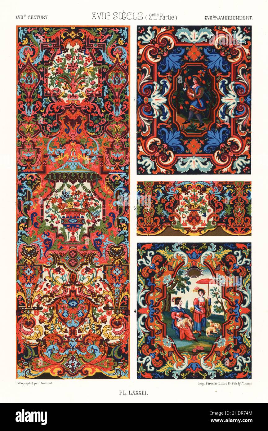 Tapestries and borders, 17th century. Tapestry (L) and border (centre R) in the Chateau de Grignan. June tapestry with two shepherdesses from a series of the months of the year (bottom R). XVIIme Siecle. Hand-finished chromolithograph by Daumont from Albert-Charles-Auguste Racinet’s L’Ornement Polychrome, (Polychromatic Ornament), Firmin-Didot, Paris, 1869-73. Stock Photo