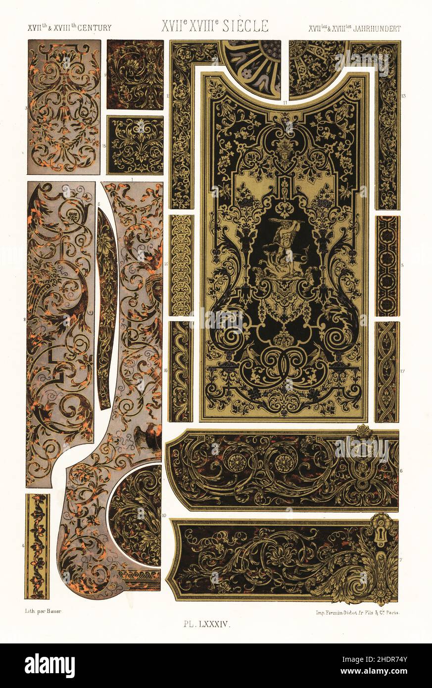 Inlaid work, Boulle, 17th and 18th centuries. Upright clock in copper with tortoiseshell ornaments 1-5, cabinets in marquetry 6-10, Louis XIV piece of furniture in ebony with copper ornaments showing Hercules and the Hydra 10-14, ornamentation in marquetry 15-17. XVIIme XVIIIme Siecle. Hand-finished chromolithograph by  Bauer from Albert-Charles-Auguste Racinet’s L’Ornement Polychrome, (Polychromatic Ornament), Firmin-Didot, Paris, 1869-73. Stock Photo