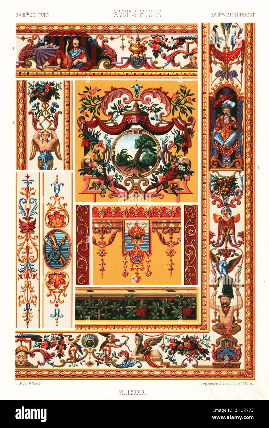 Gobelins tapestries, 18th century. Designed by Claude Gillot, Watteau's master. Fragment of an embroidered armchair with oak and reed 5, borders 1-3, and upper border 4. XVIIIme Siecle. Hand-finished chromolithograph by G. Sanier from Albert-Charles-Auguste Racinet’s L’Ornement Polychrome, (Polychromatic Ornament), Firmin-Didot, Paris, 1869-73. Stock Photo