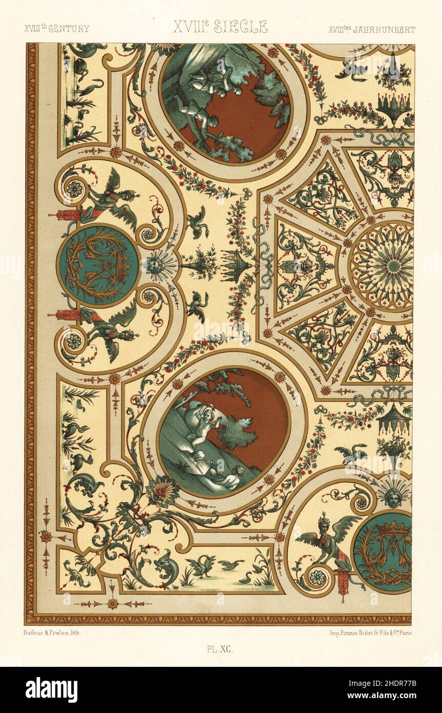 Decorative painting, 18th century. Ceiling painted in camaieu in the bathroom of a house in Versailles with the initials of Madame Louise de la Valliere, mistress to King Louis XIV. XVIIIme Siecle. Hand-finished chromolithograph by Dufour & Pralon from Albert-Charles-Auguste Racinet’s L’Ornement Polychrome, (Polychromatic Ornament), Firmin-Didot, Paris, 1869-73. Stock Photo