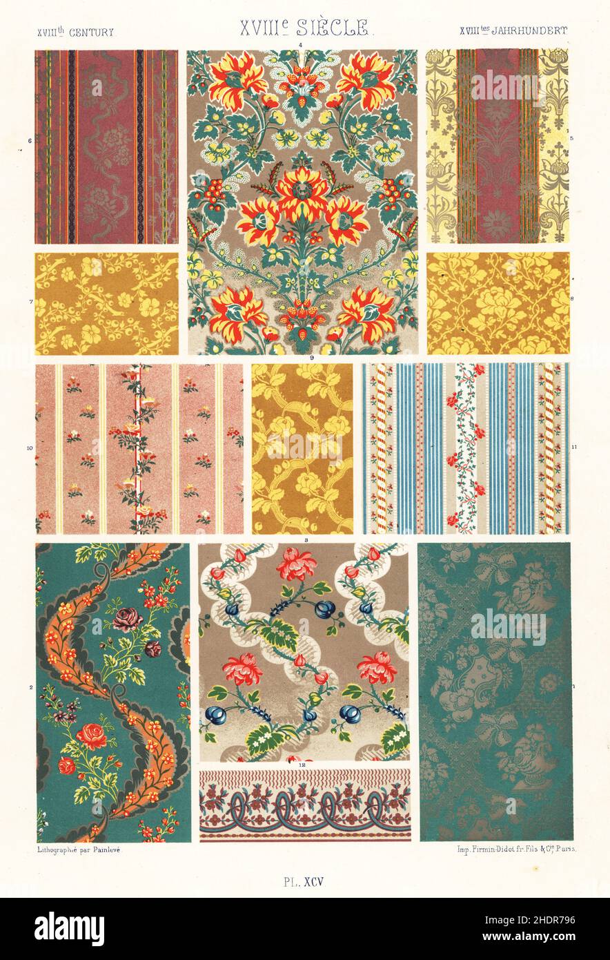 Silk patterns, 18th century. Hangings for furniture and walls, state robes 1-6, hangings in two colours, Louis XVI, 7-9, light silks 10,11, and border 12. XVIIIme Siecle. Hand-finished chromolithograph by Painleve from Albert-Charles-Auguste Racinet’s L’Ornement Polychrome, (Polychromatic Ornament), Firmin-Didot, Paris, 1869-73. Stock Photo