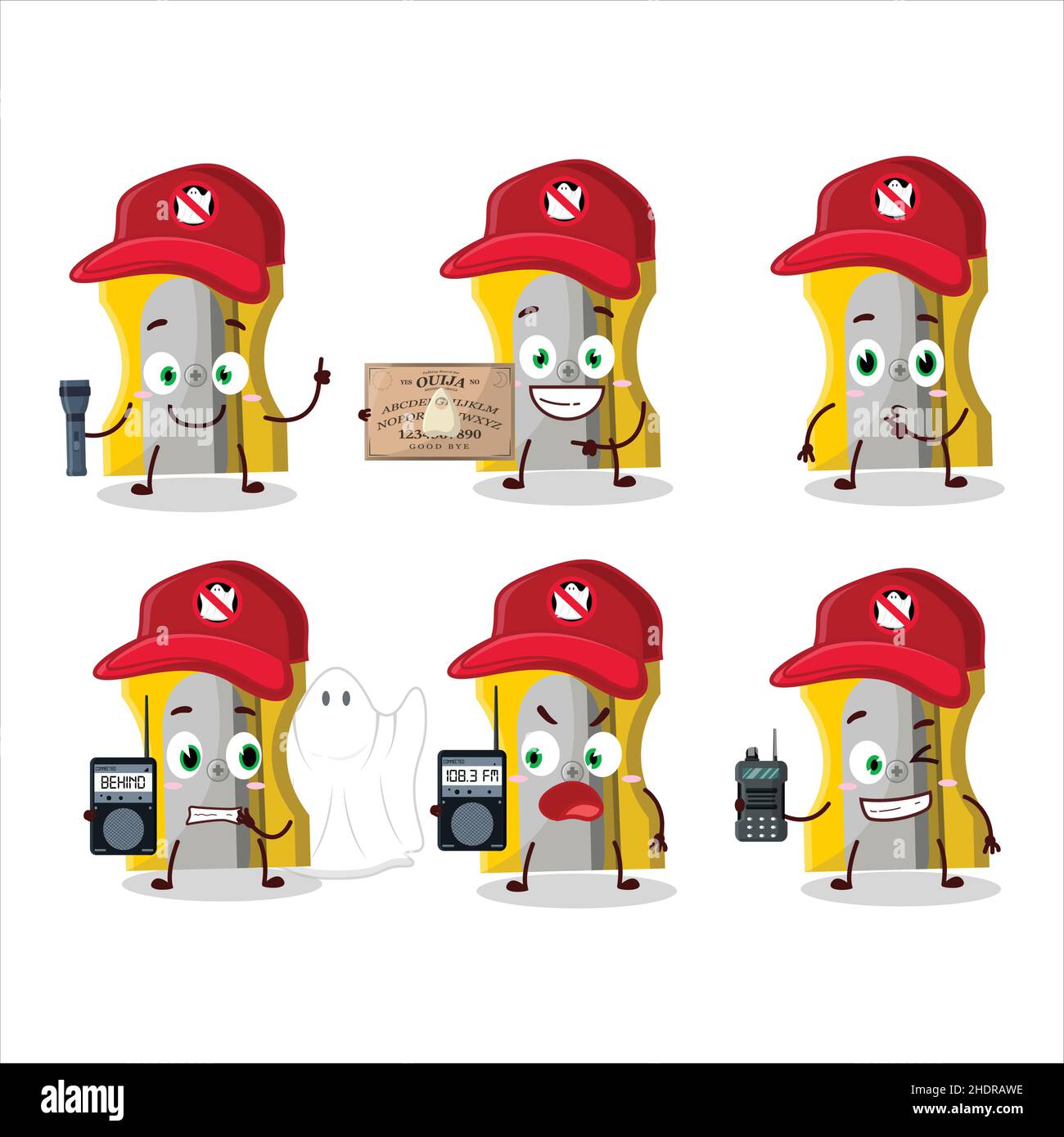 Ghost hunter cartoon yellow pencil sharpener character using camera. Vector illustration Stock Vector