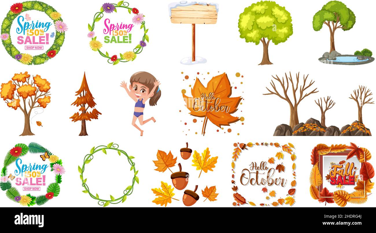 Set of four seasons trees and nature objects illustration Stock Vector ...