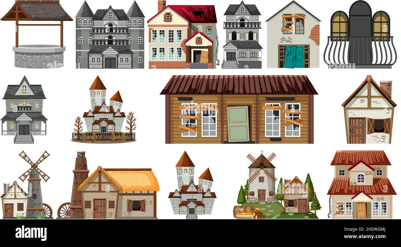 Set of abandoned houses and buildings illustration Stock Vector Image ...