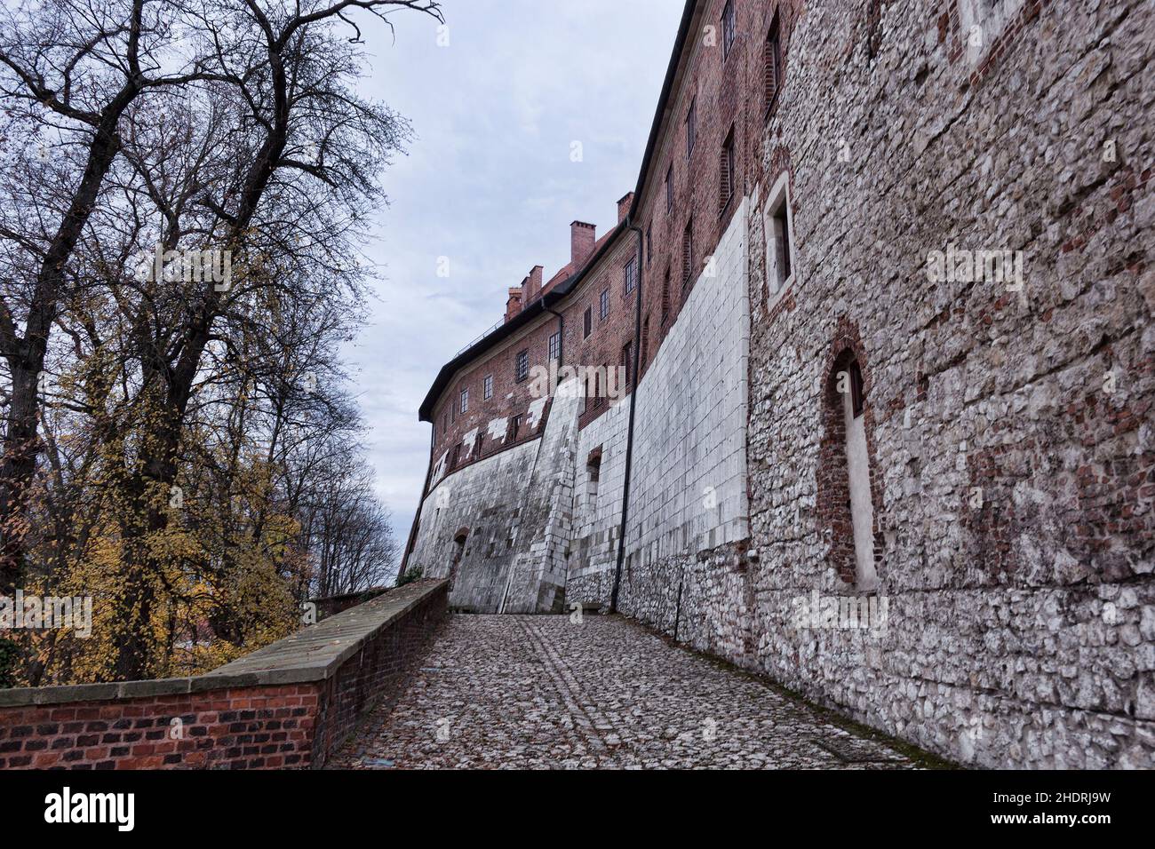 Along the walls of the Wawel Castle in Krakow. Early November, cloudy day Stock Photo