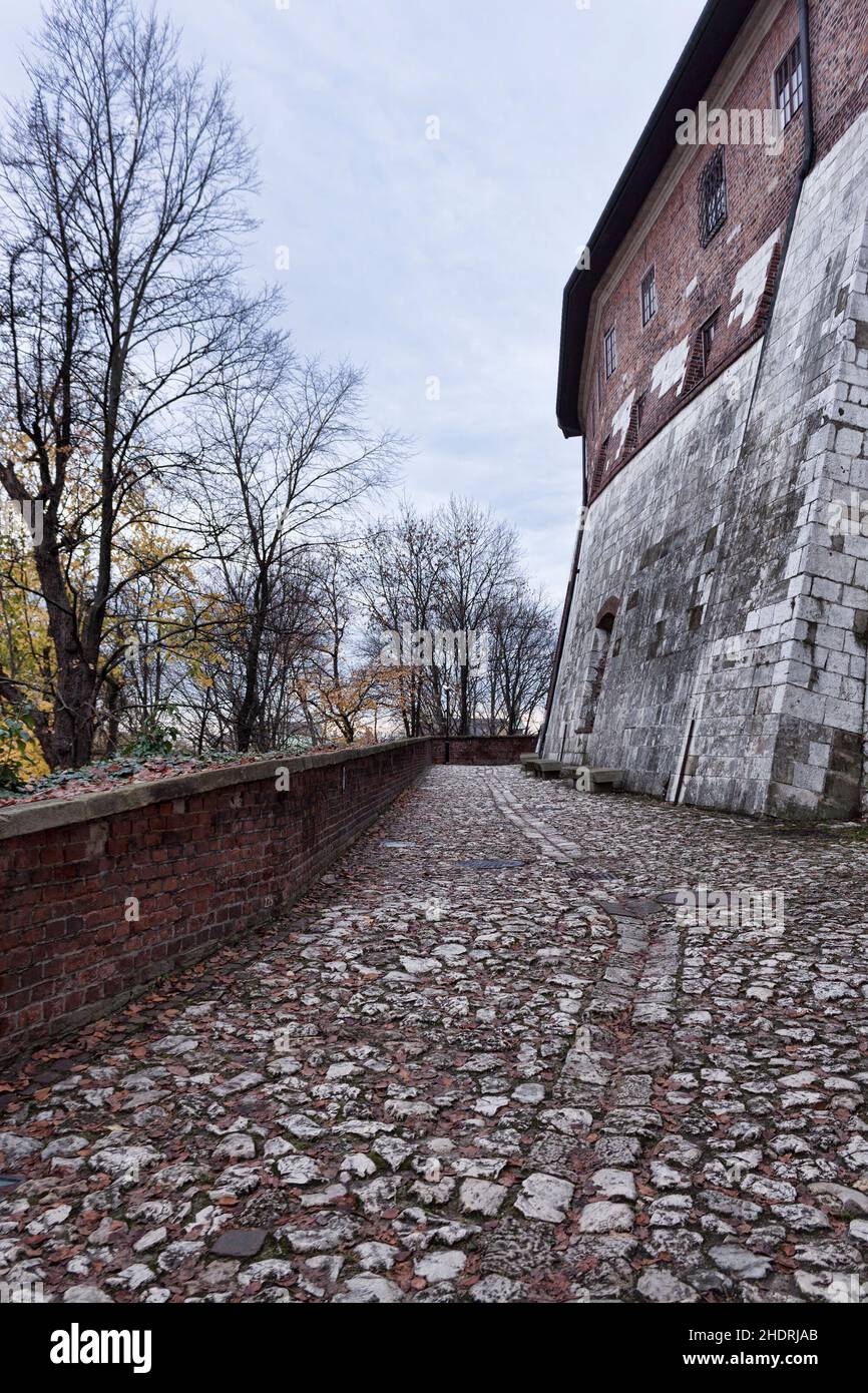 Along the walls of the Wawel Castle in Krakow. Early November, cloudy day Stock Photo