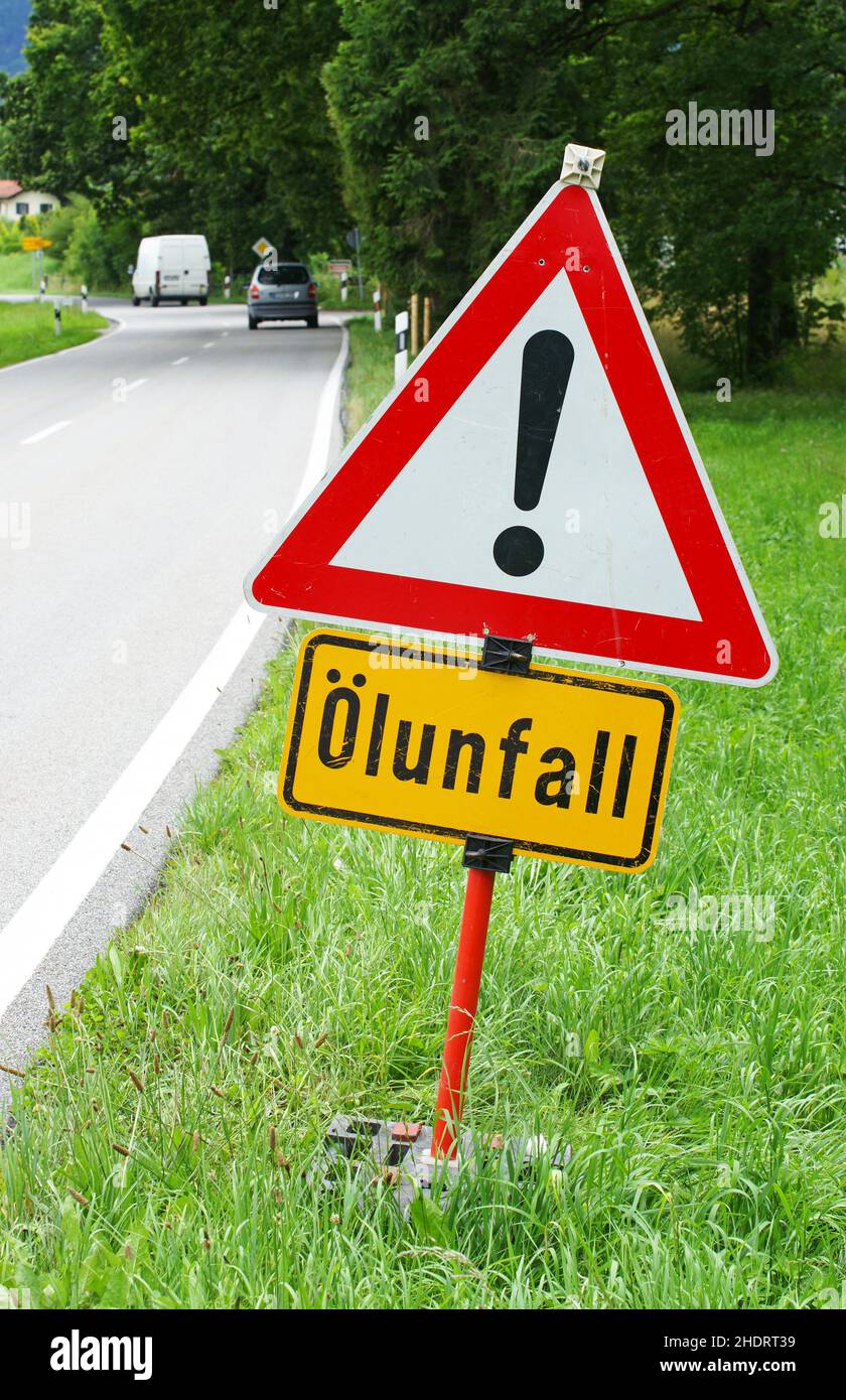 traffic sign, warning sign, oil accident, road sign, road signs, traffic signs, warning signs Stock Photo