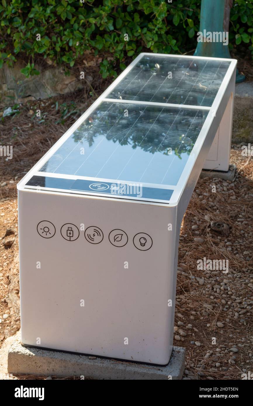 Moscenicka Draga, Croatia, august, 12, 2021 - Steora solar smart bench near the beach. Smart bench provides temperature and weather sensors, with wire Stock Photo
