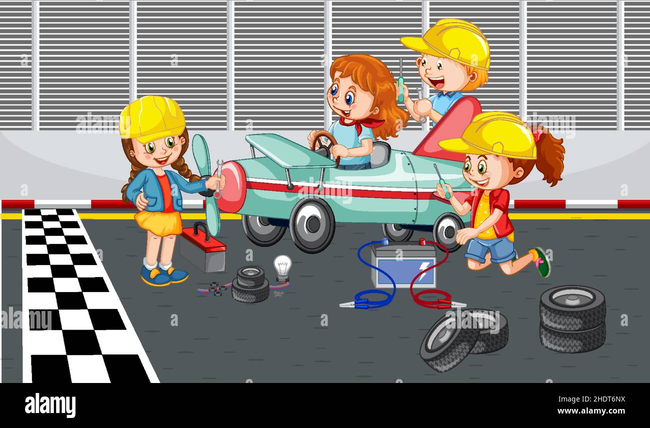 Soapbox derby scene with children racing car illustration Stock Vector ...