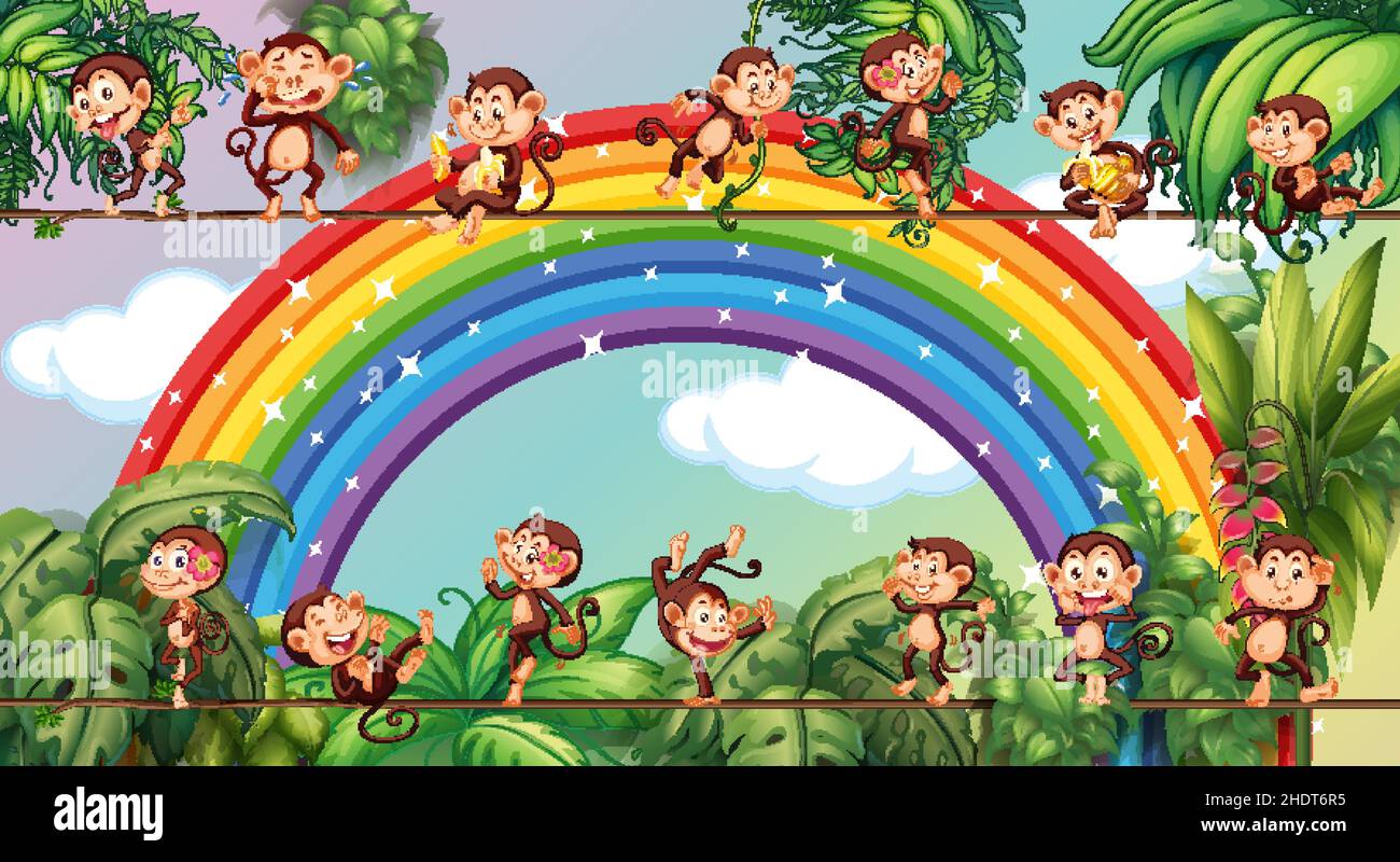 Different monkey cartoon characters on the rope on rainbow background ...