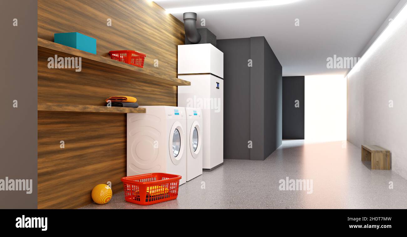 A modern air-to-water heat pump heating system for private households, 3D illustration Stock Photo
