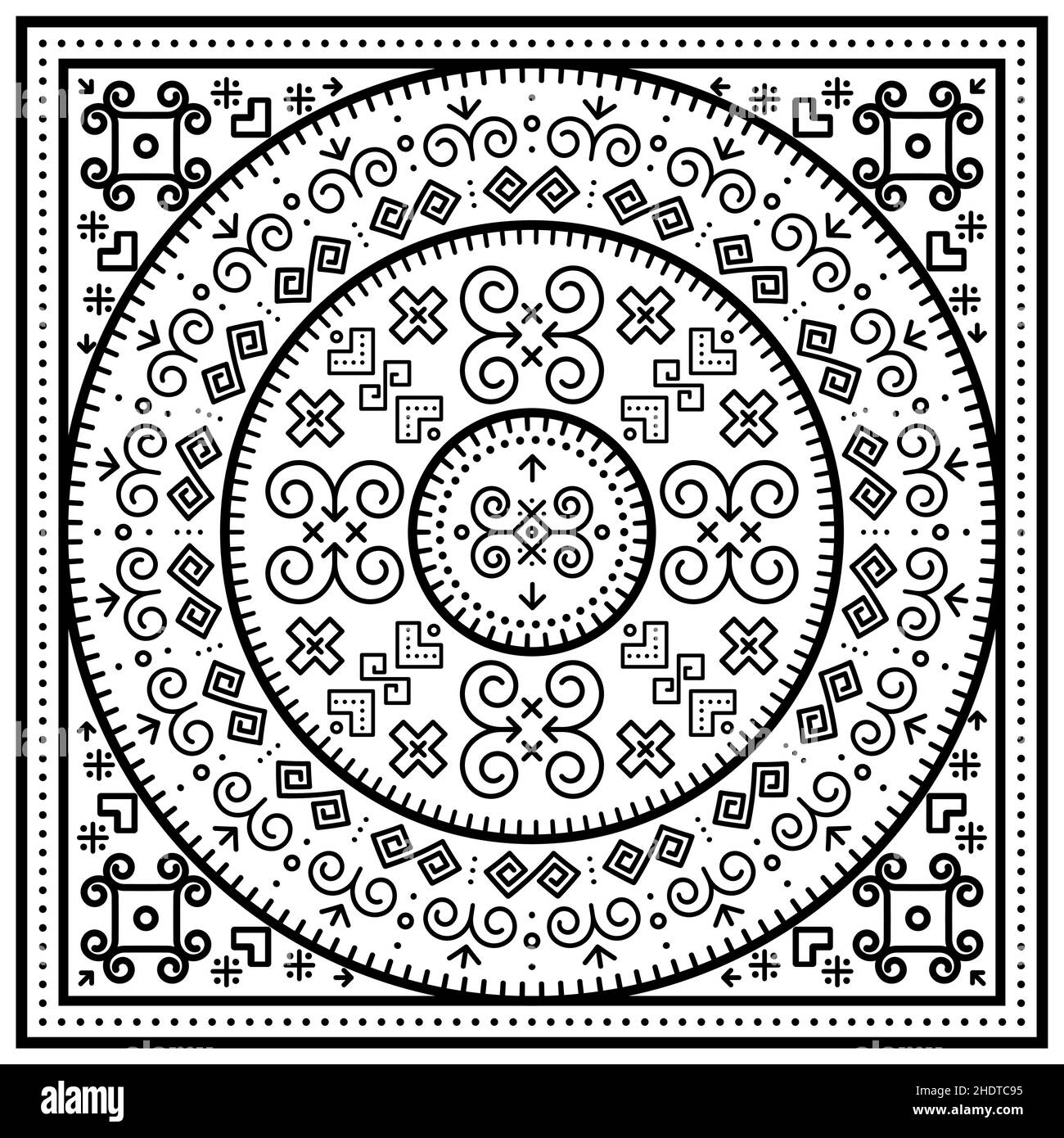 Slovak folk art vector black tribal mandala in frame design with geometric shapes inspired by traditional house paintings from village Cicmany in Zili Stock Vector